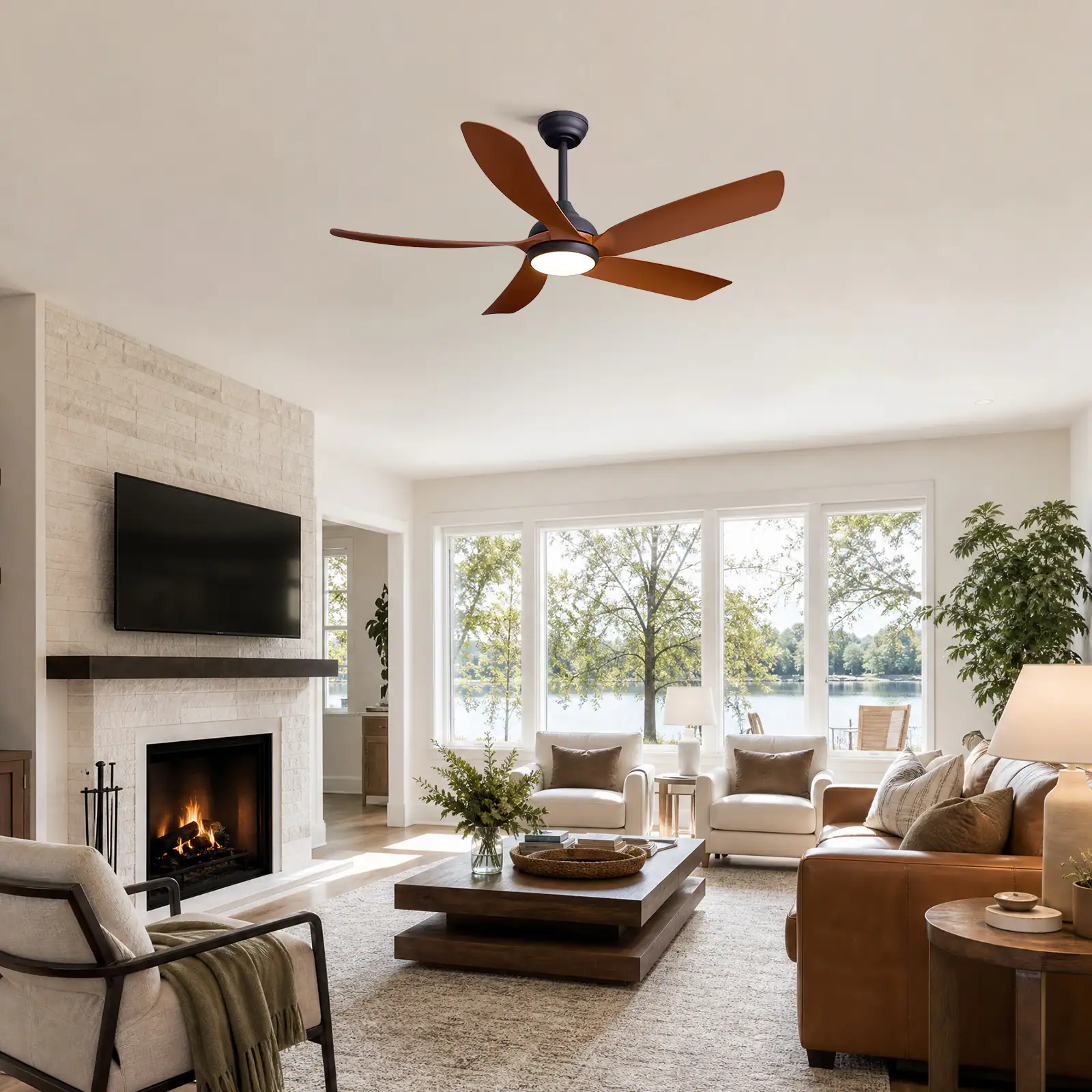 Back. Siljoy - 52 in Wood Grain 5 Blade Ceiling Fan with Integrated LED Light Remote App Control for Bedroom Living Room - BROWN.