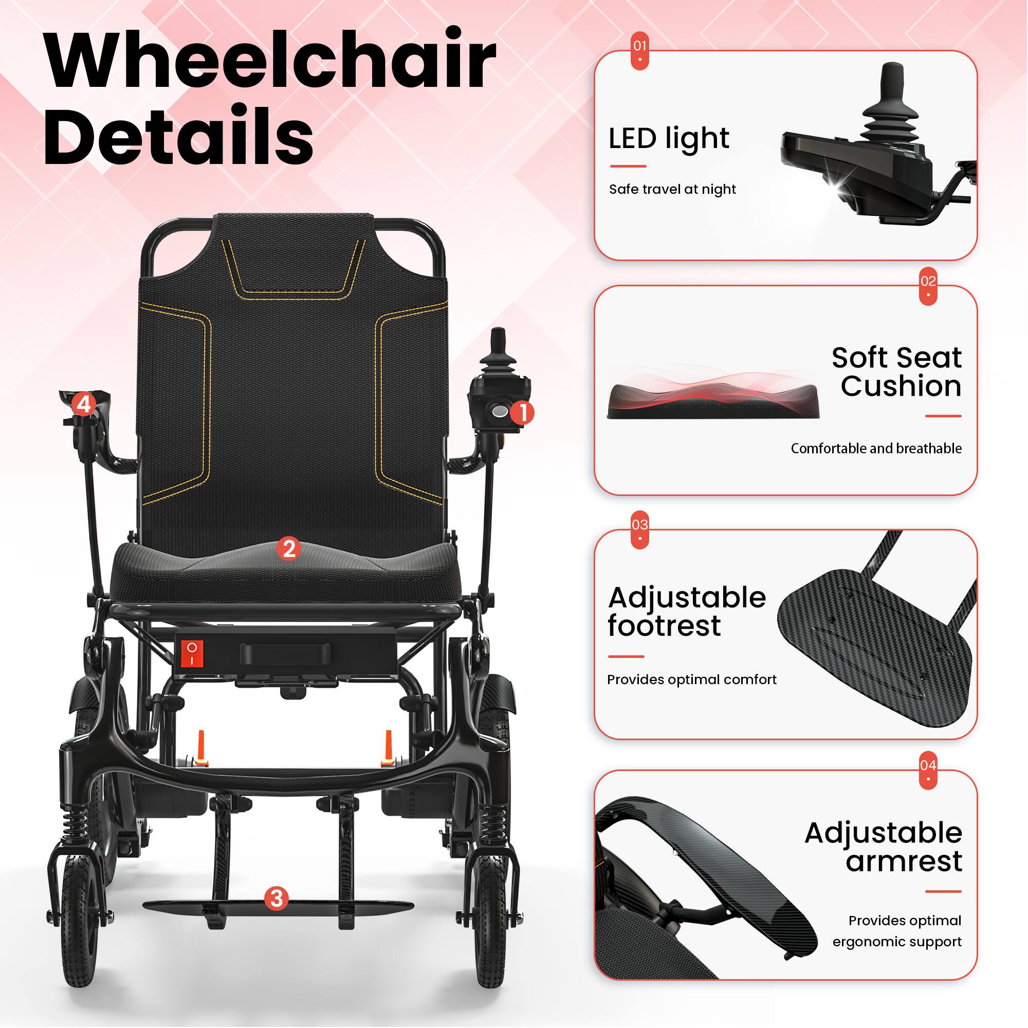 1. Wheelchair Details
   - LED light: Safe travel at night

2. Soft Seat Cushion: Comfortable and breathable

3. Adjustable footrest: Provides optimal comfort

4. Adjustable armrest: Provides optimal ergonomic support
