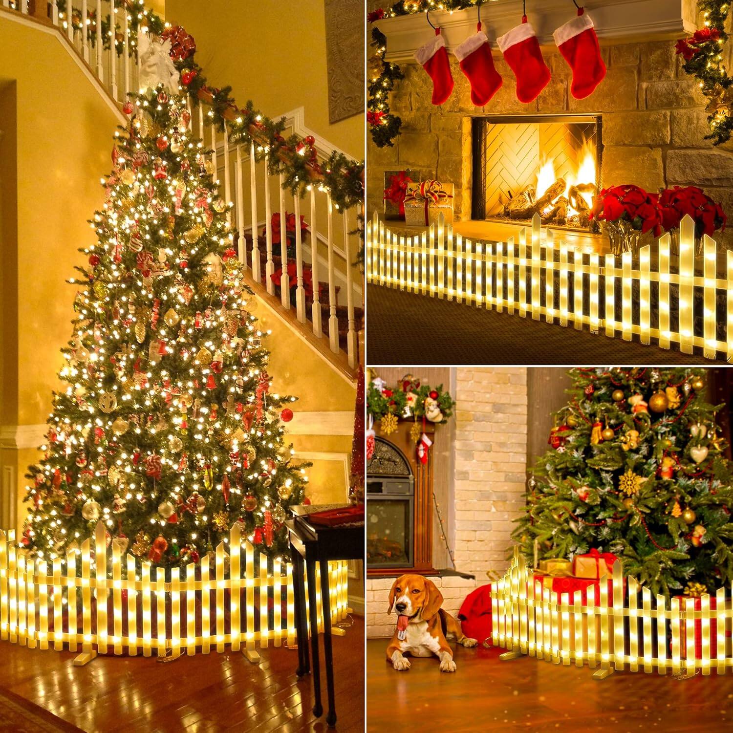 Back. Oumilen - 8‑Pack Solar LED Picket Fence Decor – Warm White Connectable Garden Lights, Waterproof Indoor Outdoor Holiday Use.