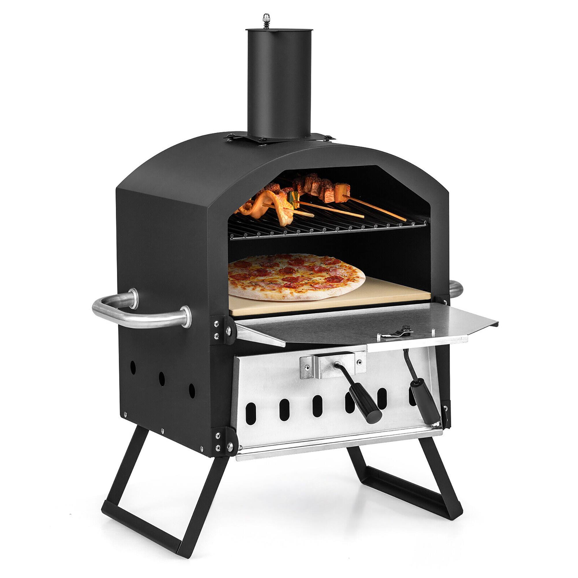 Alt View 9. Gymax - Gymax 2-layer Outdoor Wood Fired Pizza Oven w/ Anti-scalding Handles & Waterproof Cover - Black + Silver.
