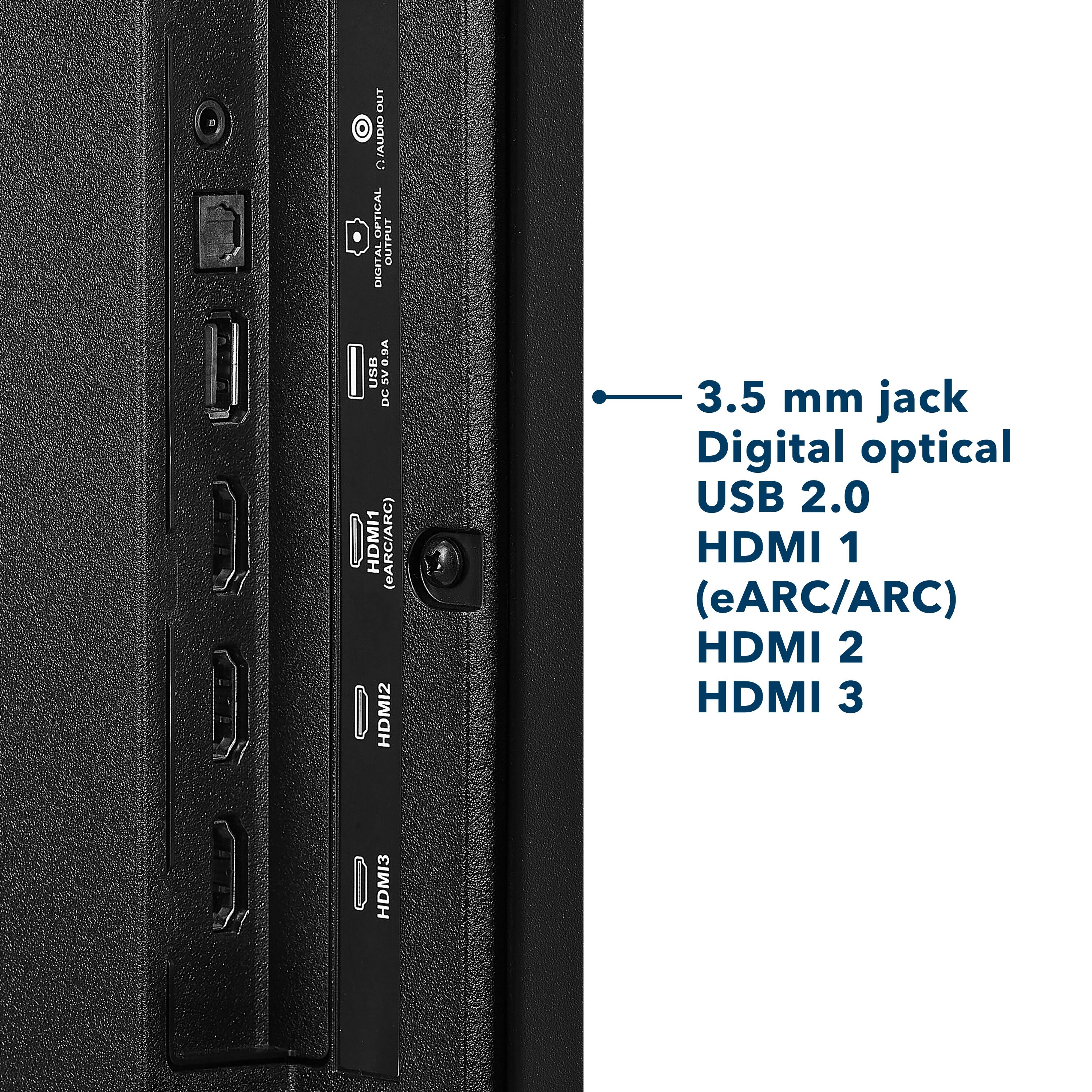 The image shows the back of a laptop with a description of the ports and connectors. The ports include a 3.5mm jack, a digital optical output, and a USB 2.0 port. Additionally, there are three HDMI ports labeled as HDMI 1, HDMI 2, and HDMI 3.