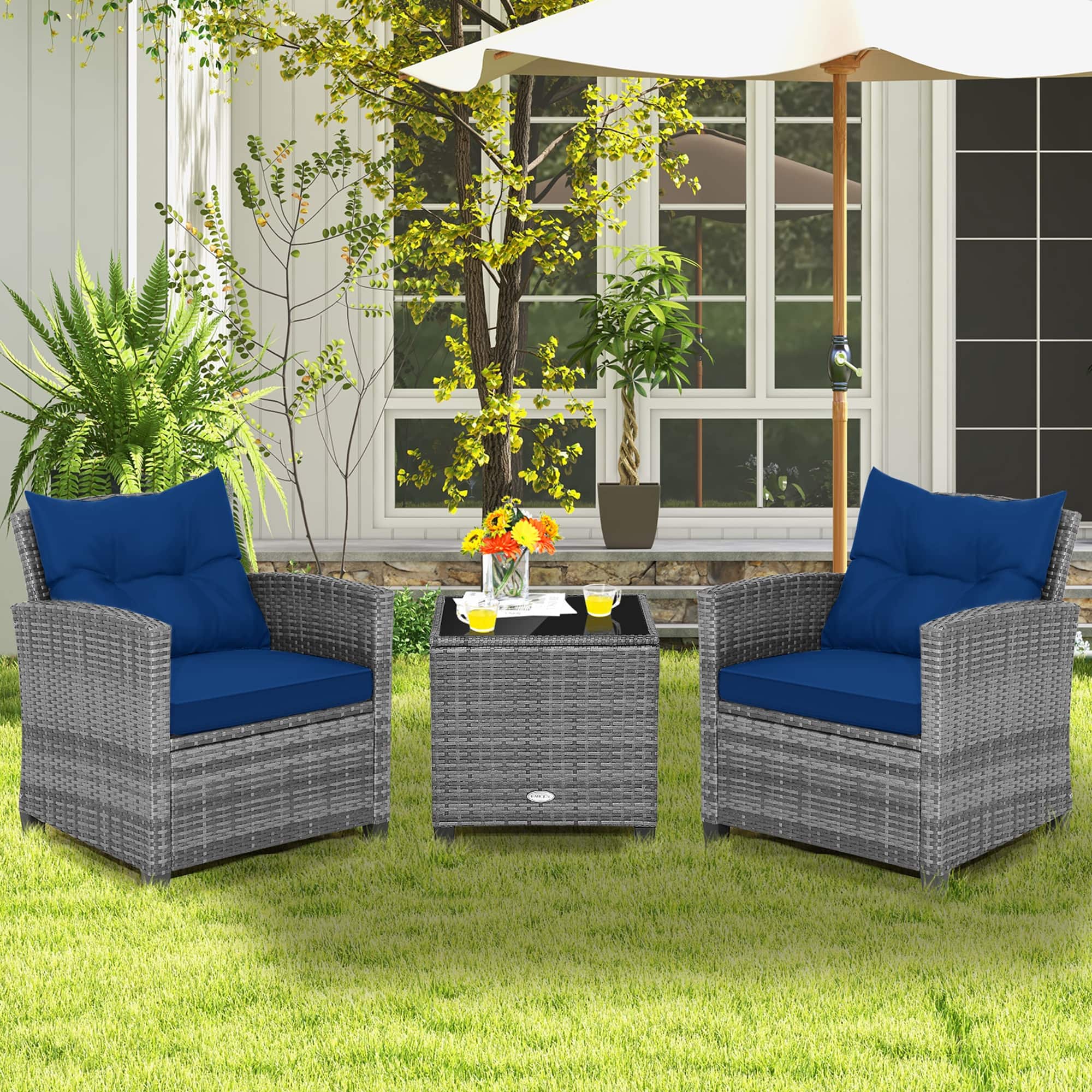 Alt View 1. Costway - 3PCS Patio Rattan Furniture Bistro Set Cushioned Sofas Side Table Armrest - Grey Rattan & Navy Cushion.
