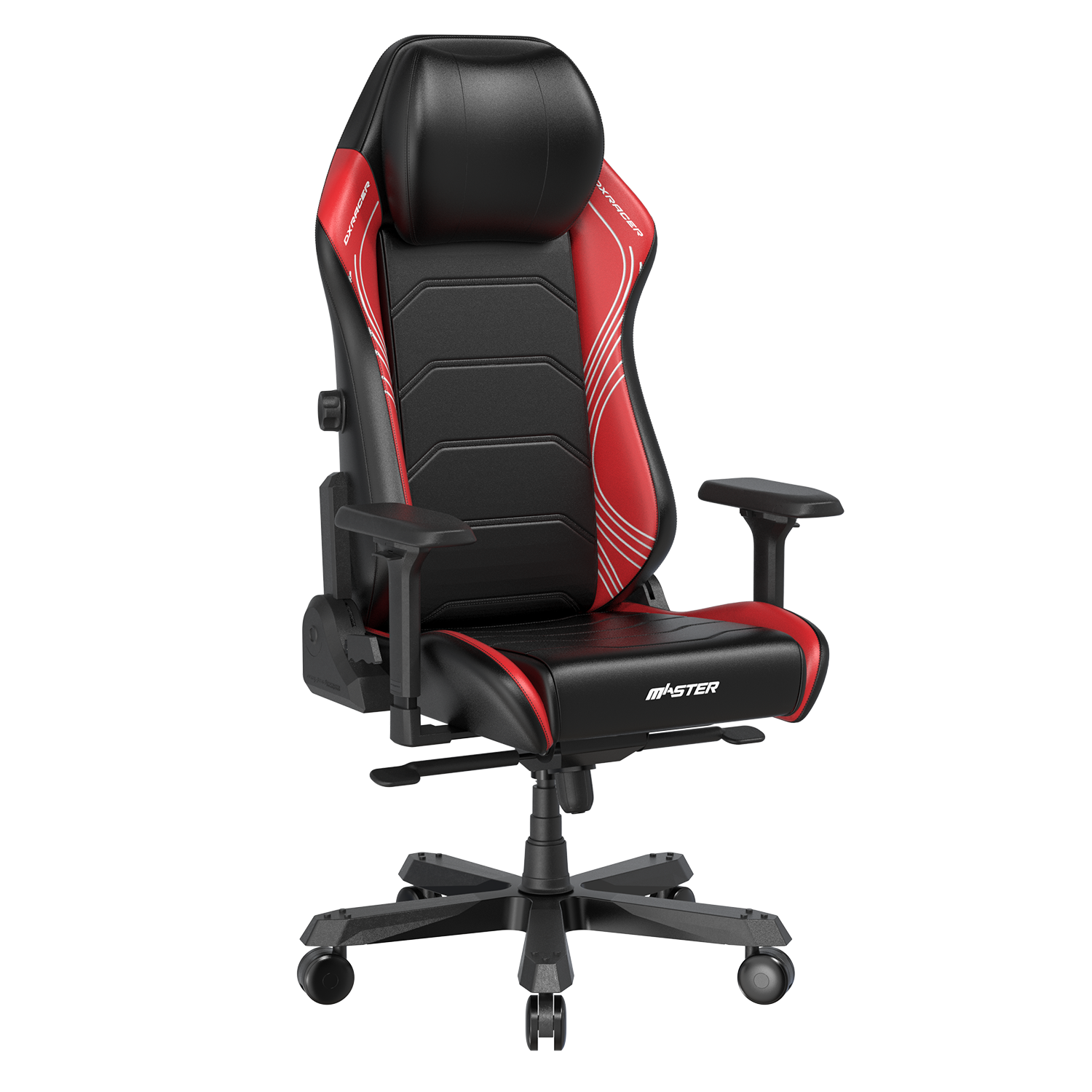 Angle. DXRacer - DXRacer Master Series Gaming Chair – Black and Red lines, Premium PU Leather with Built-In Lumbar Support & 4D Armrests - Black and Red.