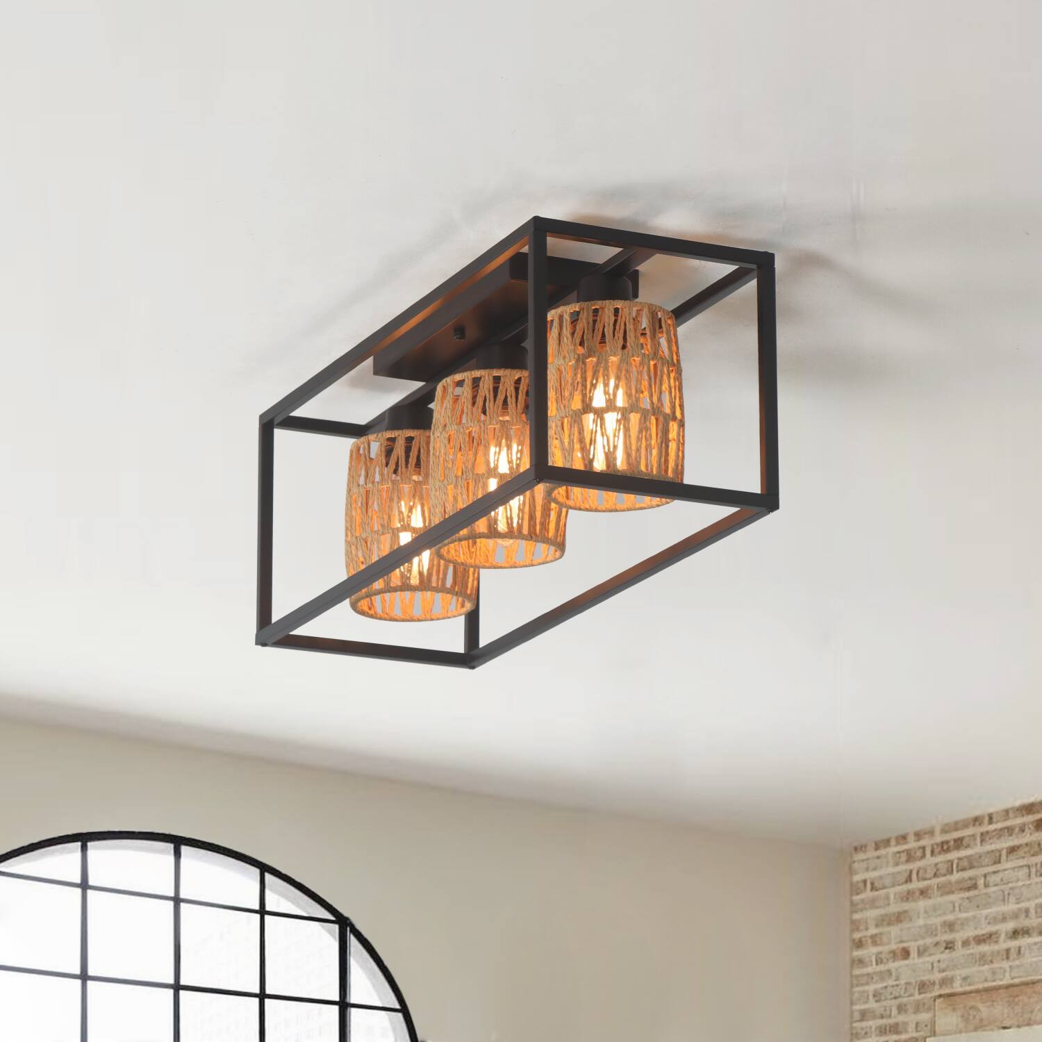 Back. Umeiluce - 3 Lights Handmade Woven Paper Flush Mount light Farmhouse Style Light - Black and brown.