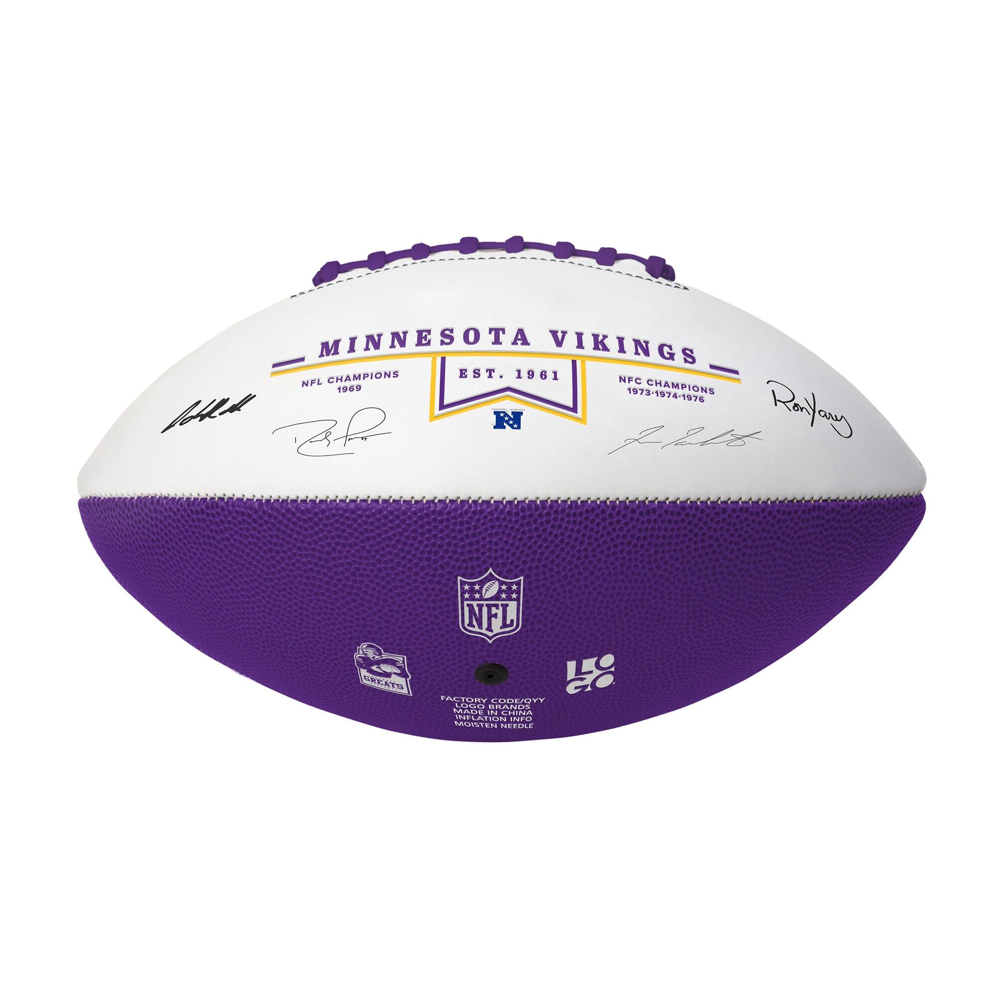MINNESOTA VIKINGS  
EST. 1961  
NFL CHAMPIONS 1969  
NFC CHAMPIONS 1973-1974-1976  

NFL  
LICENSING  
FACTORY CODE/YY  
LOADING INSTRUCTIONS  
KEEP DRY  
AVOID DIRECT SUNLIGHT  
MOISTURE CAN CAUSE  
BALL TO GO SOFT  

Ron Yary  
Floyd