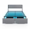 Front. LUCKY ONE - Queen Size Metal Slats Bed Frame with LED Lights and Rolling Drawer - Grey.