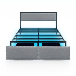 LUCKY ONE - Queen Assembled Platform Bed Frame with LED Lights Rolling Drawer Metal Slats - Grey-Queen