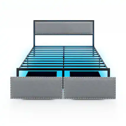 Front. LUCKY ONE - Queen Size Metal Slats Bed Frame with LED Lights and Rolling Drawer - Grey.