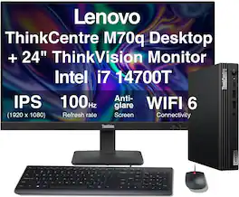 Lenovo - ThinkCentre M70q Desktop (i7-14700T, 16GB, 512GB SSD, Intel UHD 770, WiFi 6, Win 11 Pro) w/S24-4e Monitor - Black