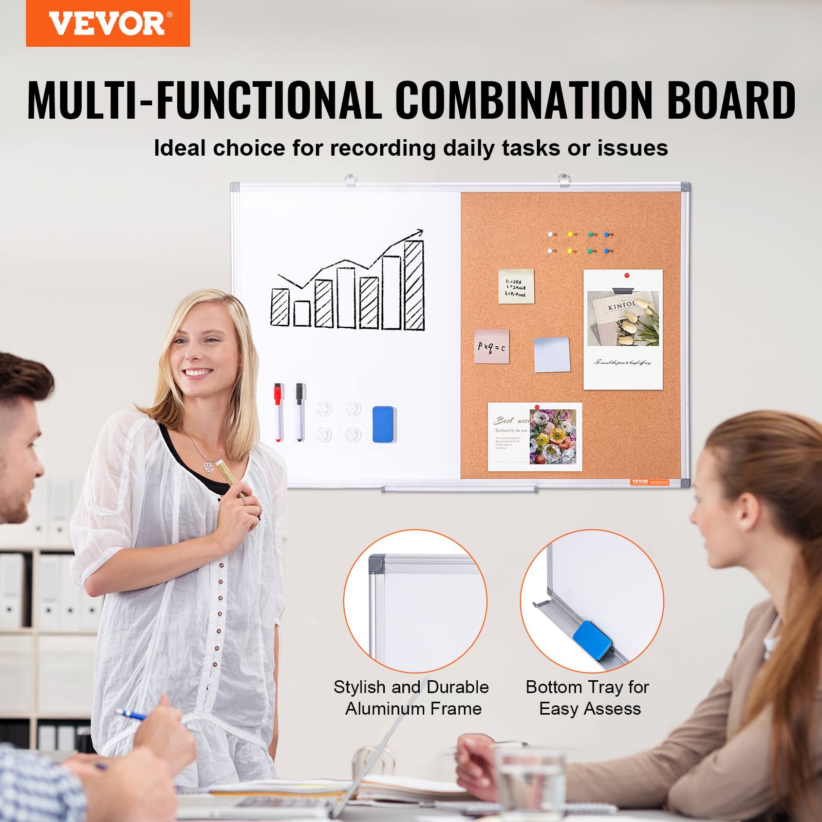 VEVOR MULTI-FUNCTIONAL COMBINATION BOARD Ideal choice for recording daily tasks or issues. Stylish and Durable Aluminum Frame. Bottom Tray for Easy Assess.