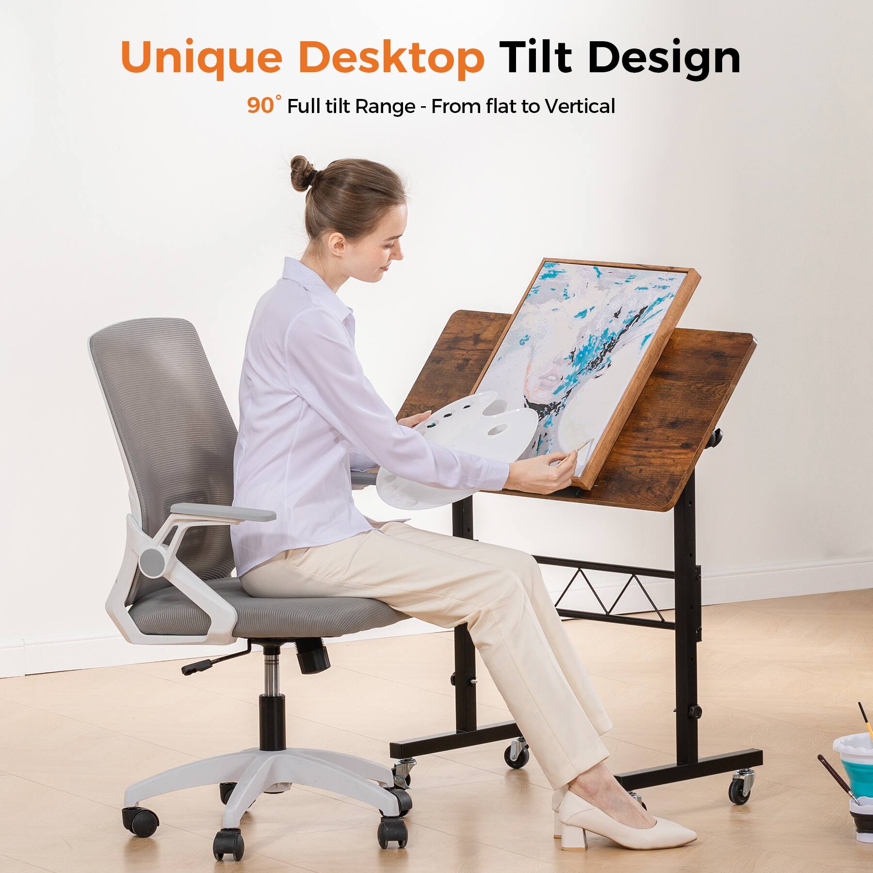Unique Desktop Tilt Design 90° Full tilt Range - From flat to Vertical