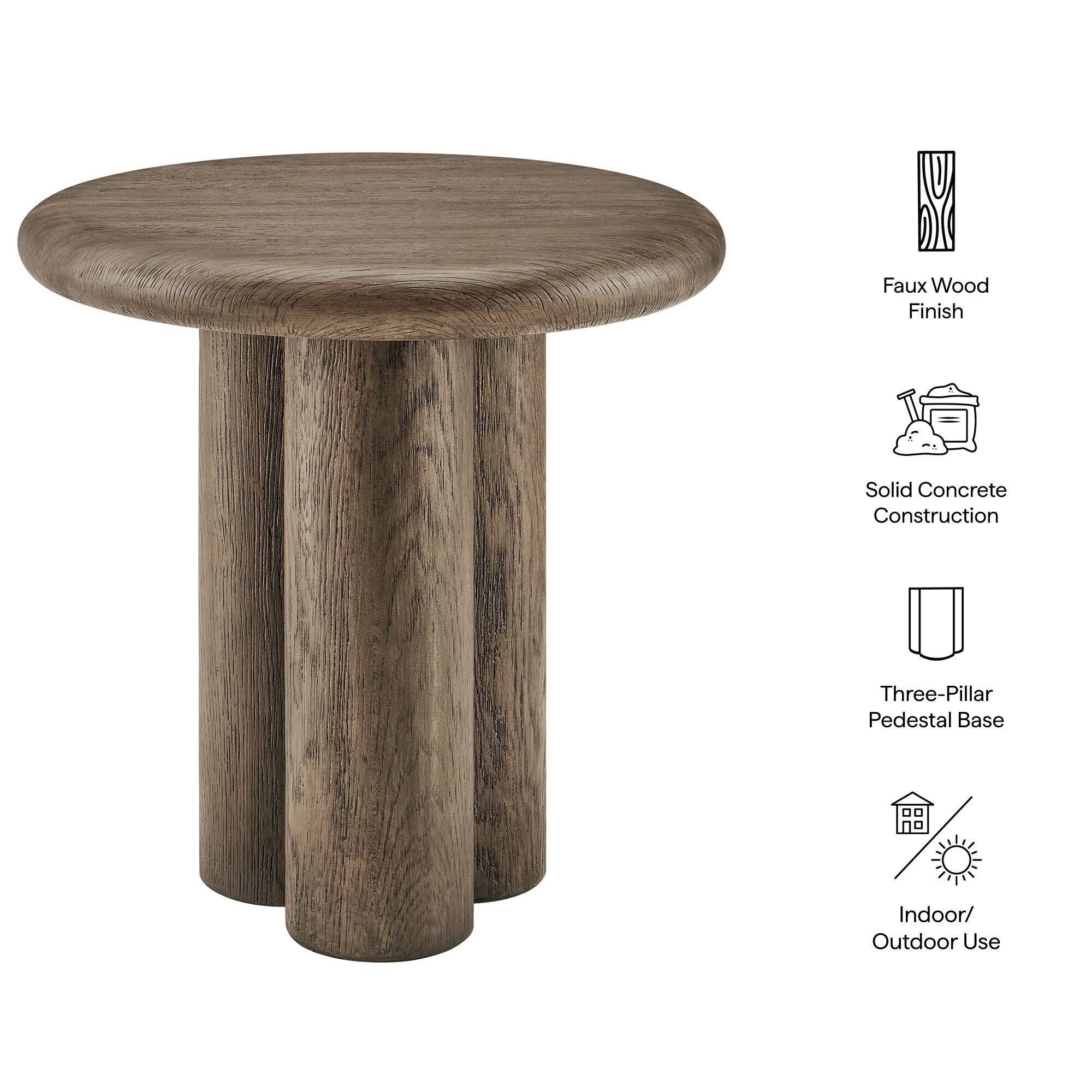Faux Wood Finish  
Solid Concrete Construction  
Three-Pillar Pedestal Base  
Indoor/Outdoor Use