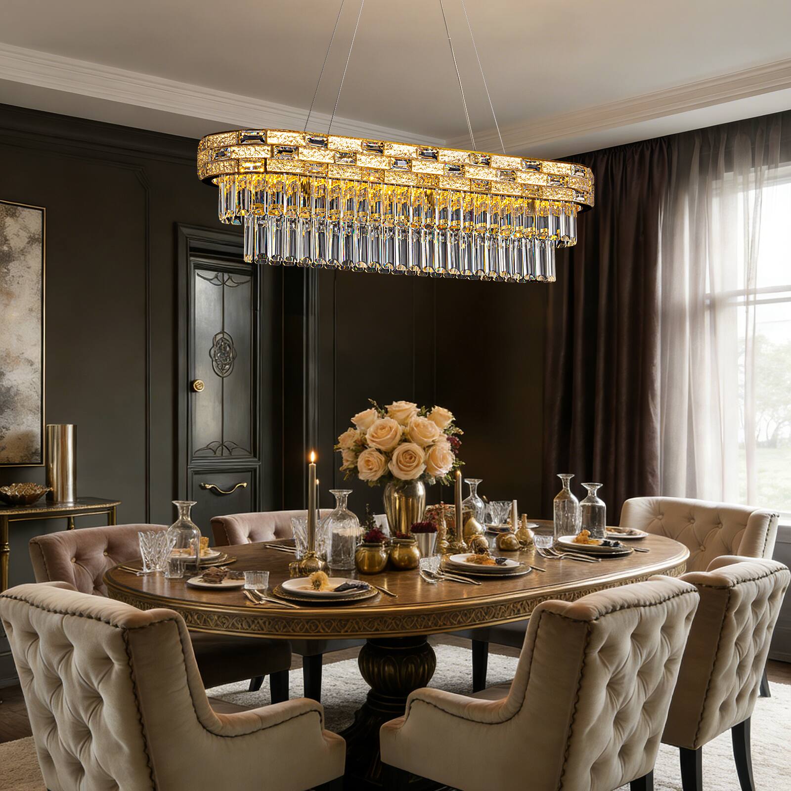 Back. Siljoy - 35.4 Inch 5-Tier Gold Crystal Chandelier Dimmable LED Rectangular Pendant Light for Dining Room and Kitchen Island - Gold.