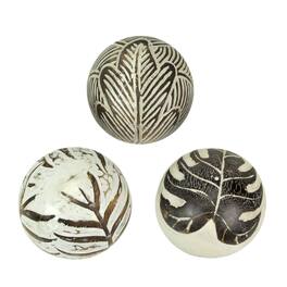 Zeckos - Set of 3 Whitewashed Carved Tropical Leaf Solid Wood Decor Balls For Centerpieces and Tabletop Displays 4 Inch Diameter - White
