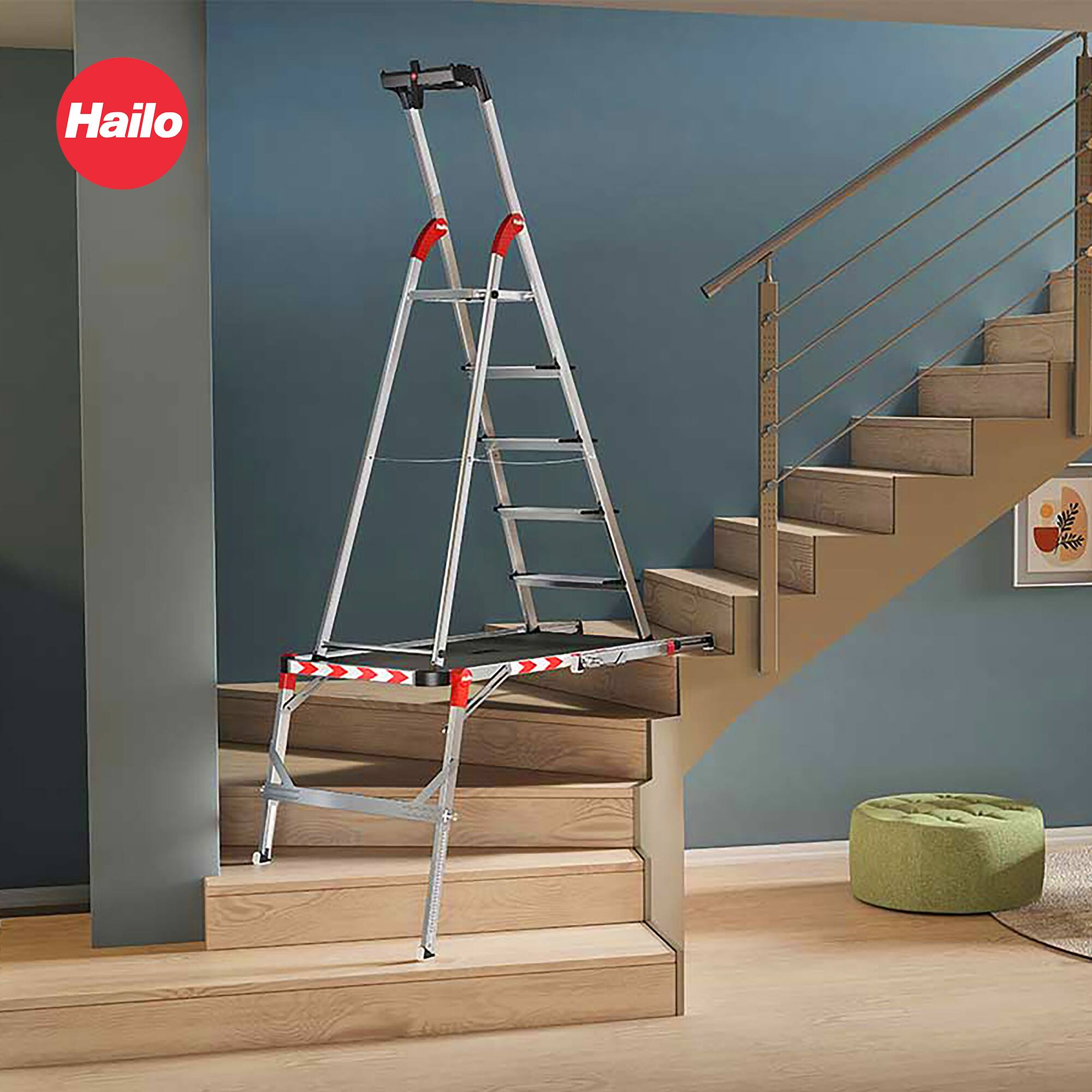 Alt View 3. Hailo - Hailo Folding Step Stool, 5 Step Ladder w/ Tray for Home & Kitchen, L60, Silver - Metal, Red & Black.