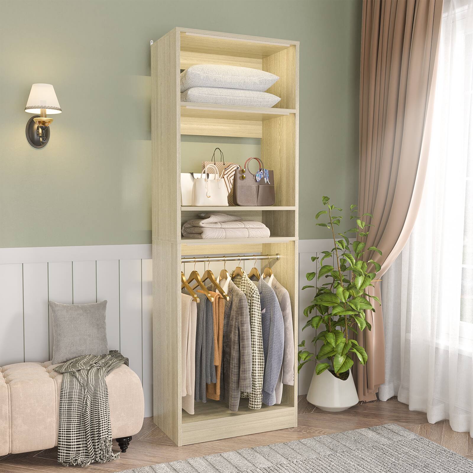 Aheaplus - 25'' Closet System with 2 Hanging Rods, Freestanding Closet Organizer System with Adjustable Shelves - Beige Oak price history on PriceWatchPro