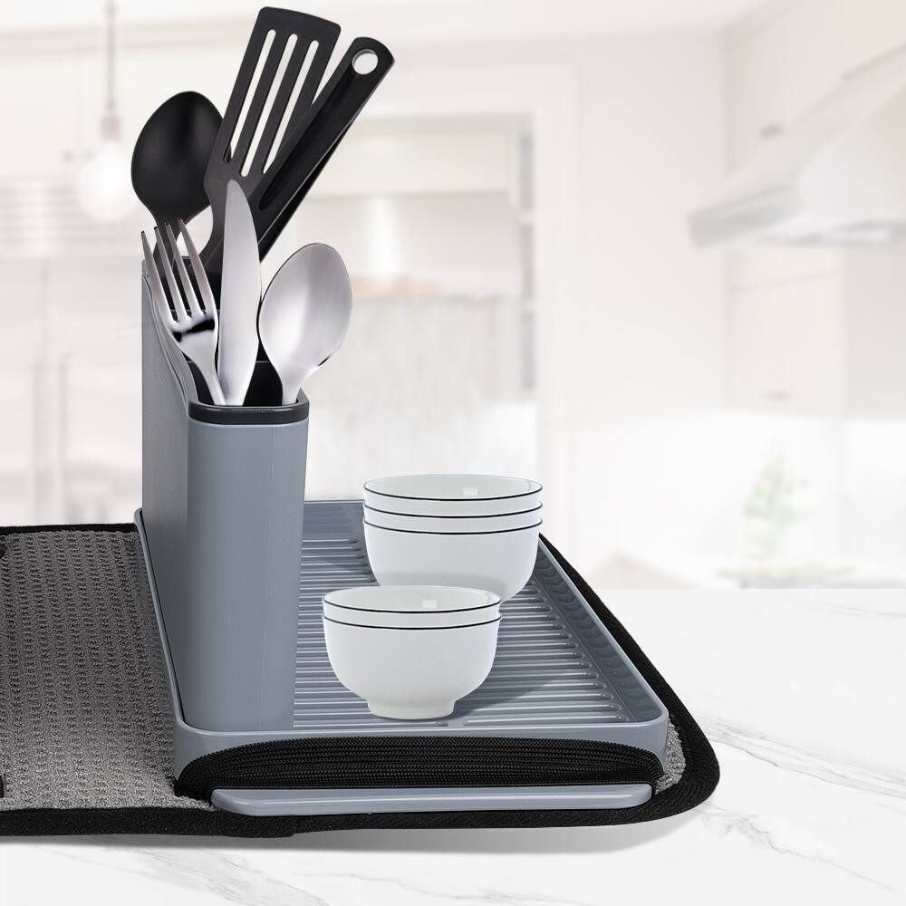 Alt View 5. Empava - 16-in Indoor/Outdoor Portable Camping RV Foldable Collection Dish and Cups Rack Set with Drying Mat - Gray.