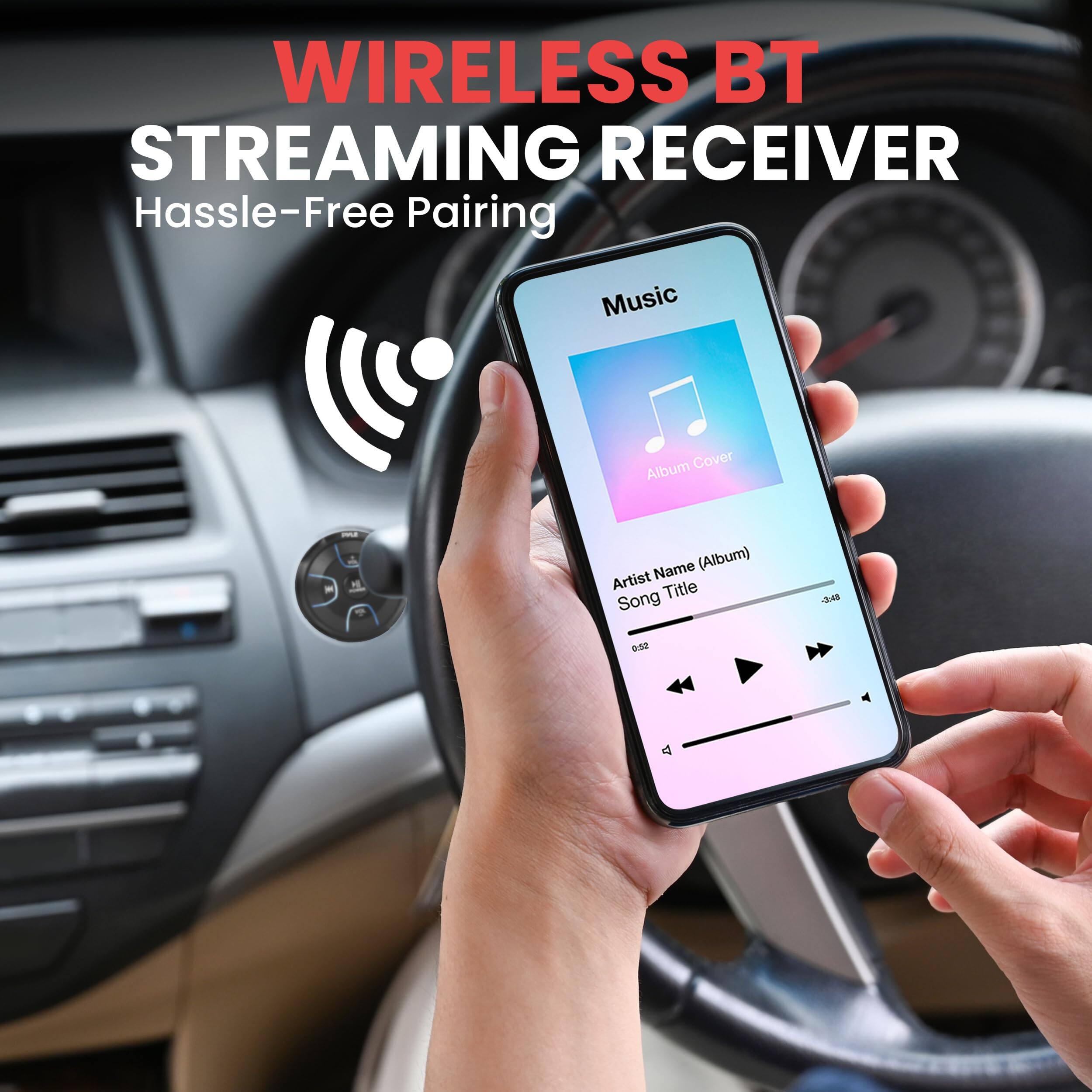 WIRELESS BT STREAMING RECEIVER  
Hassle-Free Pairing  

Music  
Album Cover  

Artist Name (Album)  
Song Title  

0:52 / 3:48