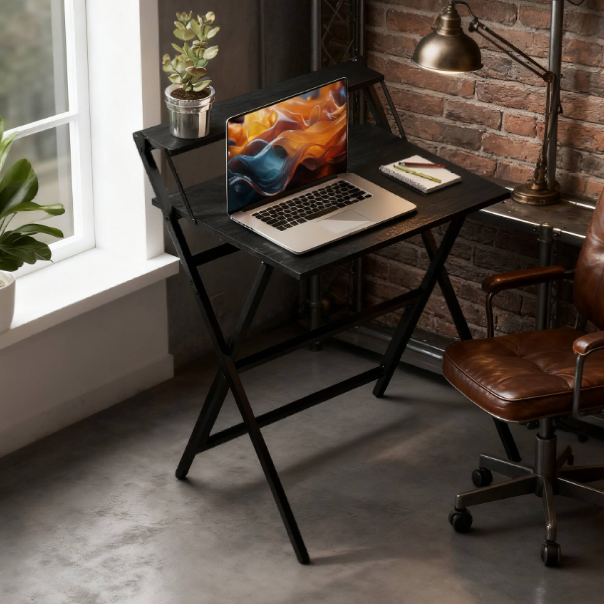 GOODSILO - Space-Saving Foldable Computer Desk with Integrated Monitor Shelf for Compact Home and Office Use - Black