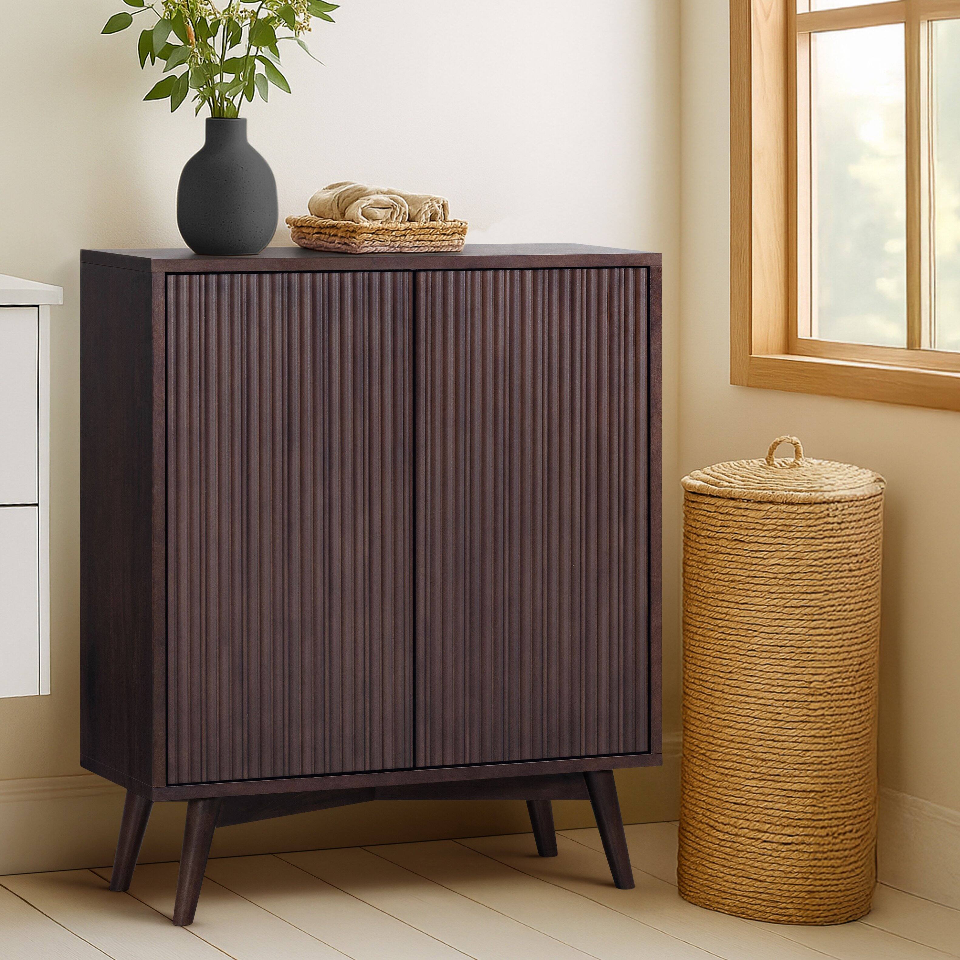 Angle. Teamson Home - Tremolo Accent Cabinet with 2 Doors & Adjustable Shelves with Wood Fluted Fronts - Black.