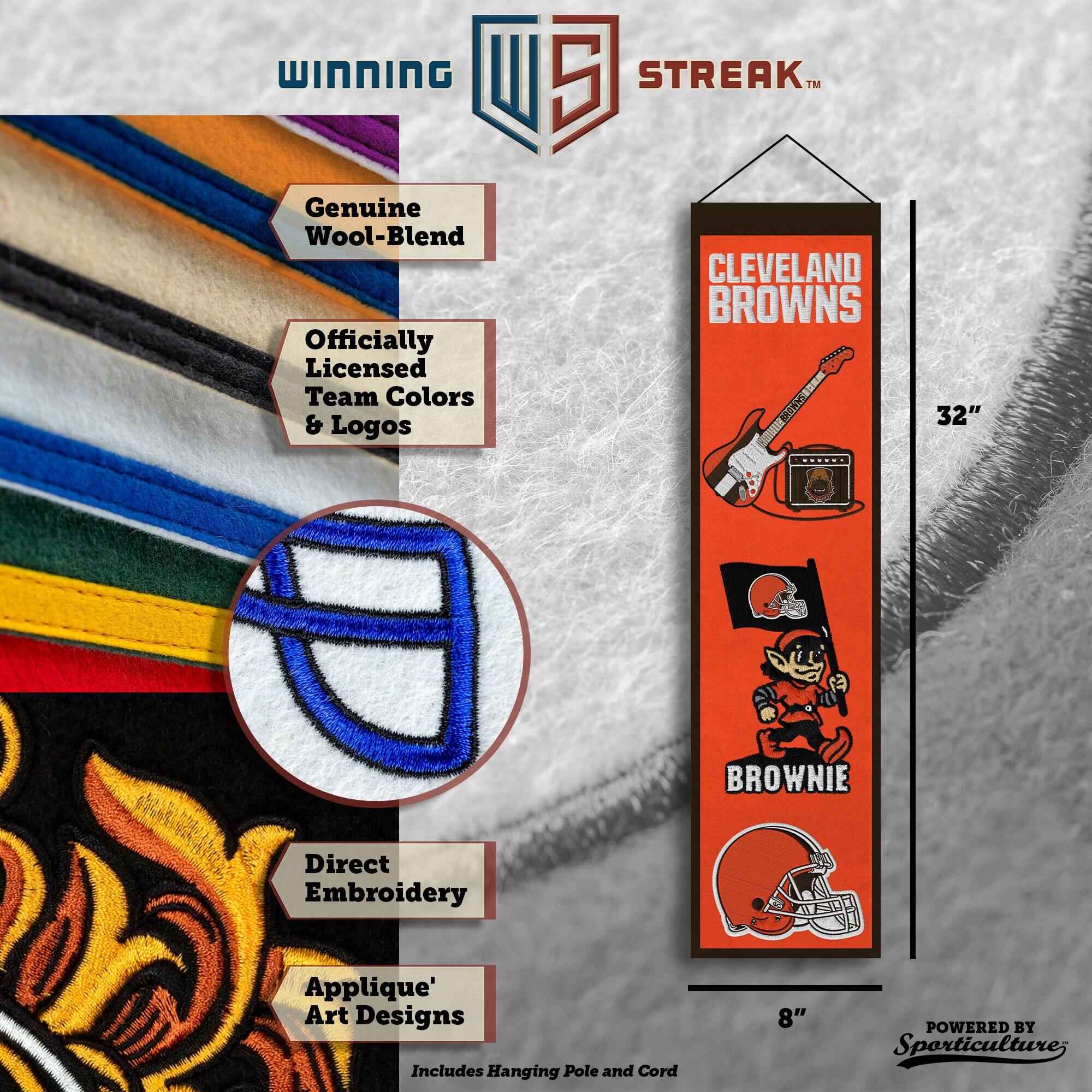 WINNING U 5 STREAK™ Genuine Wool-Blend Officially Licensed Team Colors & Logos CLEVELAND BROWNS 32" - BROWNIE Direct Embroidery Applique' Art Designs Includes Hanging Pole and Cord 8" POWERED BY Sporticulture