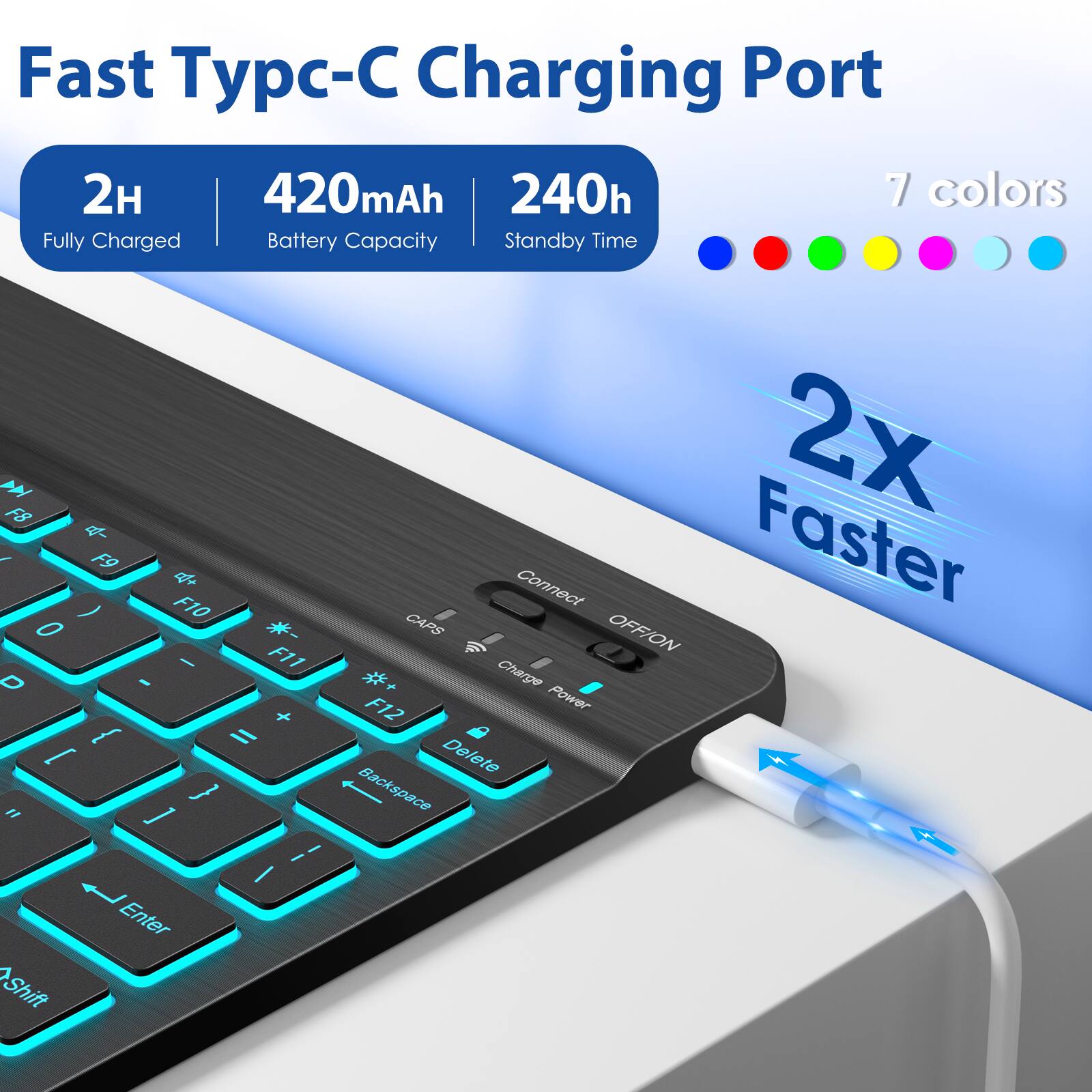 Fast Typc-C Charging Port

- 2H Fully Charged
- 420mAh Battery Capacity
- 240h Standby Time
- 7 colors

2X Faster

Connect OFF/ON Power

Charge Delete Backspace Enter Shift 2X Connect Faster CARS OFFION S Charge F12 Power Delete Backspace