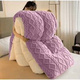 WG - 1pc Double-Sided Plush Fleece & Sheepskin Comforter - Warm, Soft, Winter Bedding with Geometric Pattern - Purple