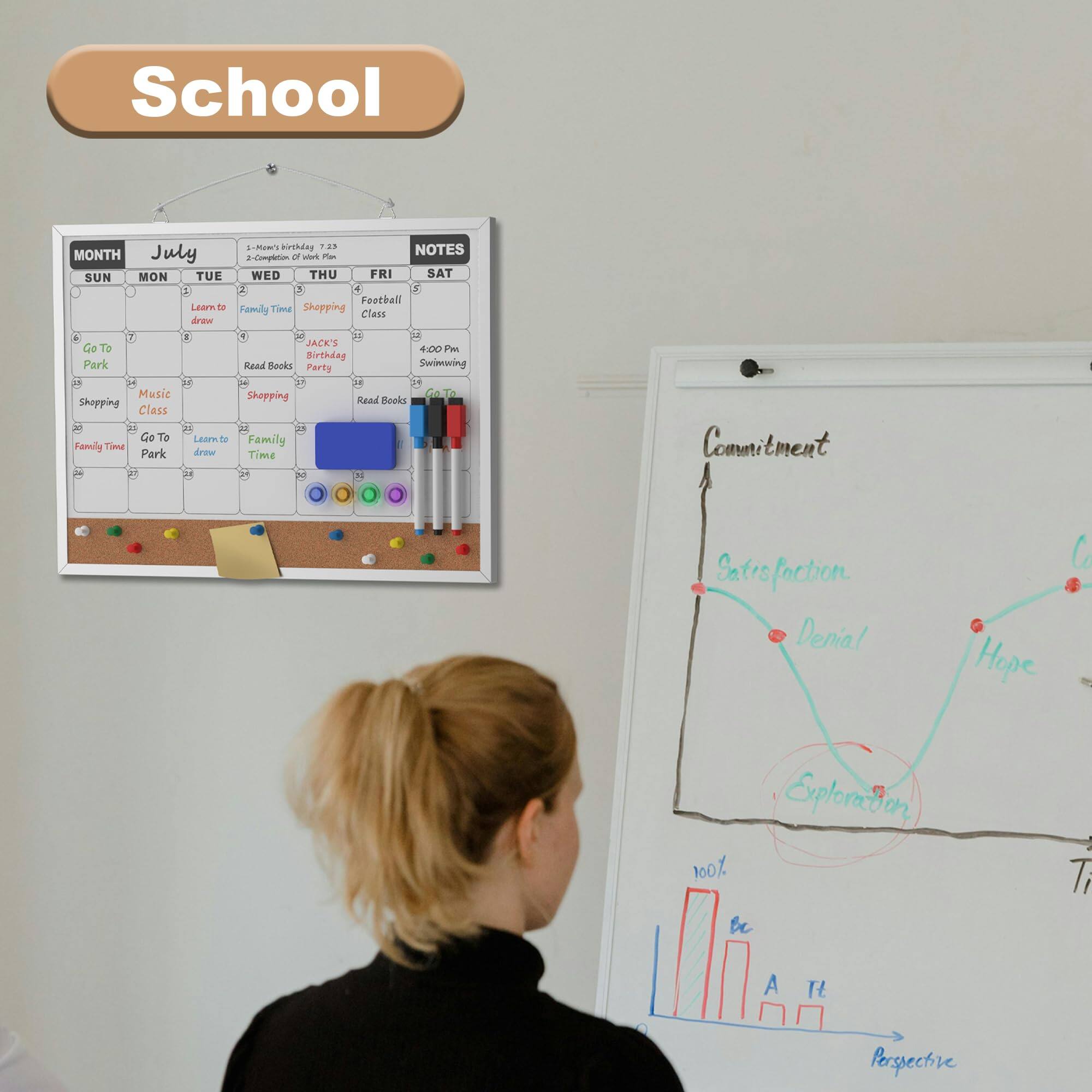 Sure, here is the corrected and grouped text from the image:

---

**School**

**MONTH**  
July

**SUN**  
- Go To  
- Shopping  
- Family Time

**MON**  
- Music  
- Go To  
- Park

**TUE**  
- Learn to draw

**WED**  
- Family Time  
- Read Books  
- Family Time

**THU**  
- Shopping  
- Class  
- Read Books

**FRI**  
- Football  
- Class  
- Go To  
- Park

**SAT**  
- 4:00 Pm  
- Birthday Party  
- Go To  
- Swimming

**NOTES**  
- 2-months birthday 7.23  
- Commitment of work

---

**Commitment**  
- Satisfaction  
- Denial  
- Hope  
- Exploration

**100%**  
- bc  
- A  
- It

**Perspective**  
- (Graph with bars labeled "bc" and "A")

---

This text is organized based on the calendar and notes visible in the image.