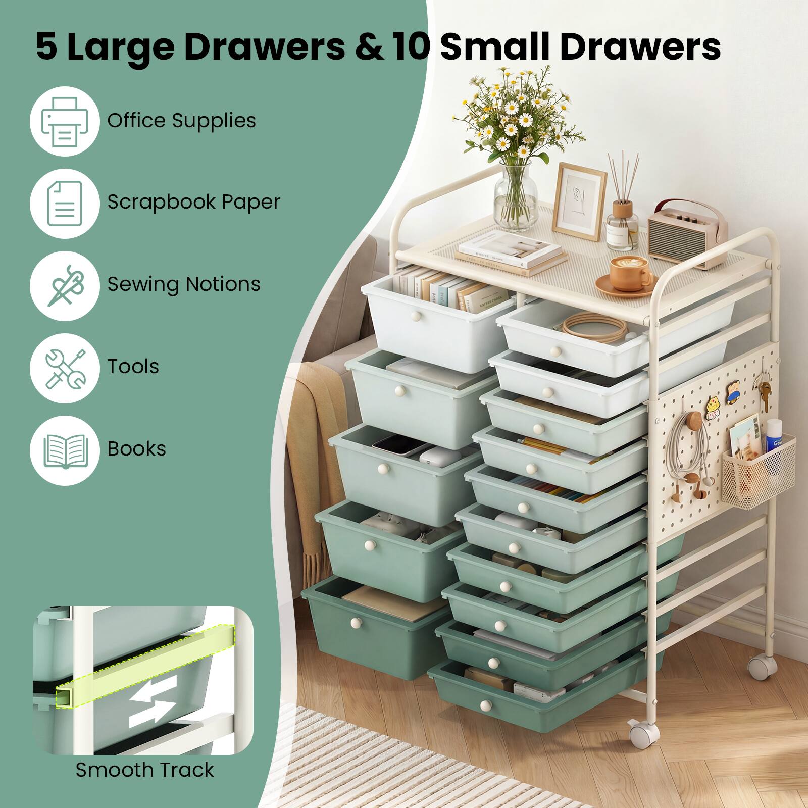 5 Large Drawers & 10 Small Drawers

- Office Supplies
- Scrapbook Paper
- Sewing Notions
- Tools
- Books

Smooth Track