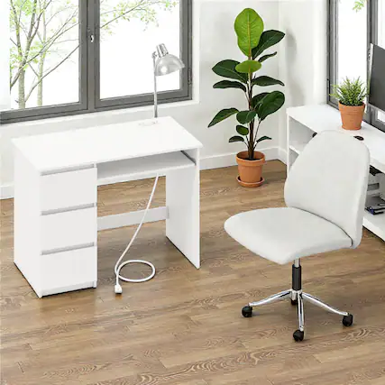 Front. Hivvago - Office Desk with Electrical Outlet, Keyboard Tray, and Triple Drawer Organizer - White.