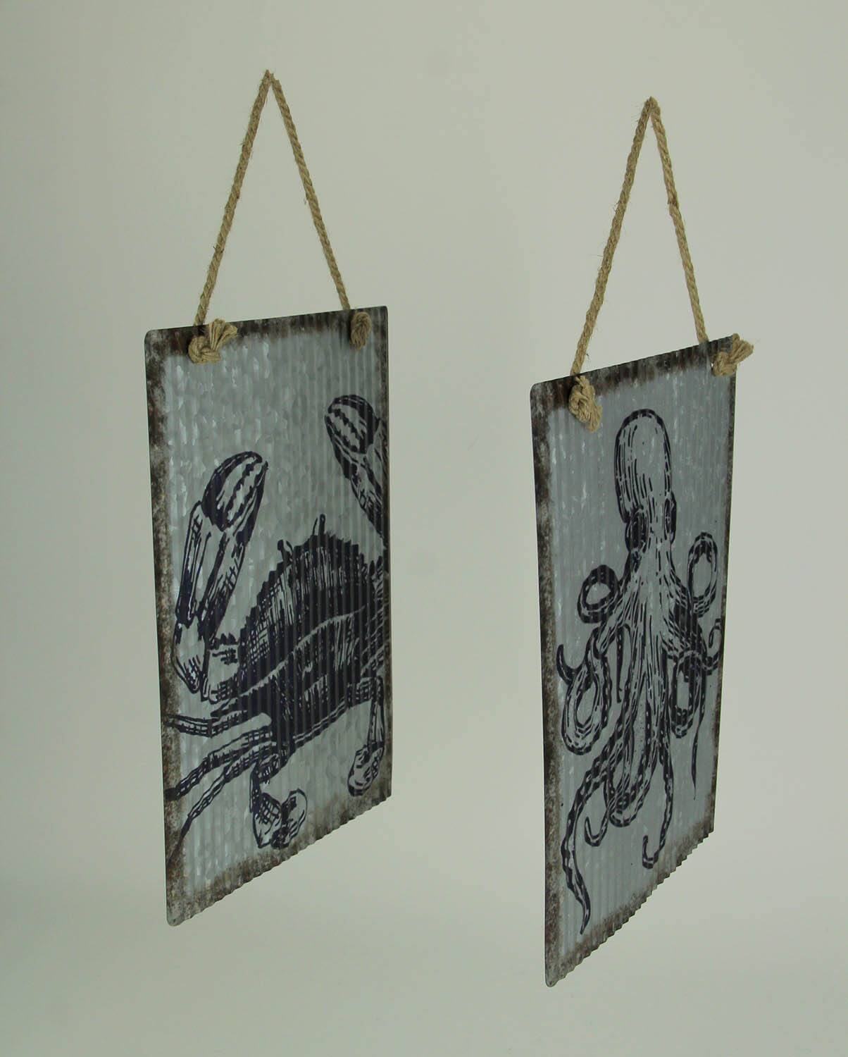 Alt View 1. Chesapeake Bay - Ribbed Texture Galvanized Metal Octopus and Crab Art Wall Hanging Set - Gray.