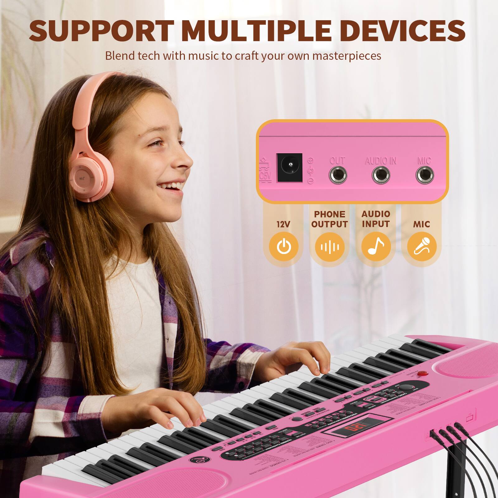 SUPPORT MULTIPLE DEVICES  
Blend tech with music to craft your own masterpieces  

12V  
PHONE OUTPUT  
AUDIO INPUT  
MIC