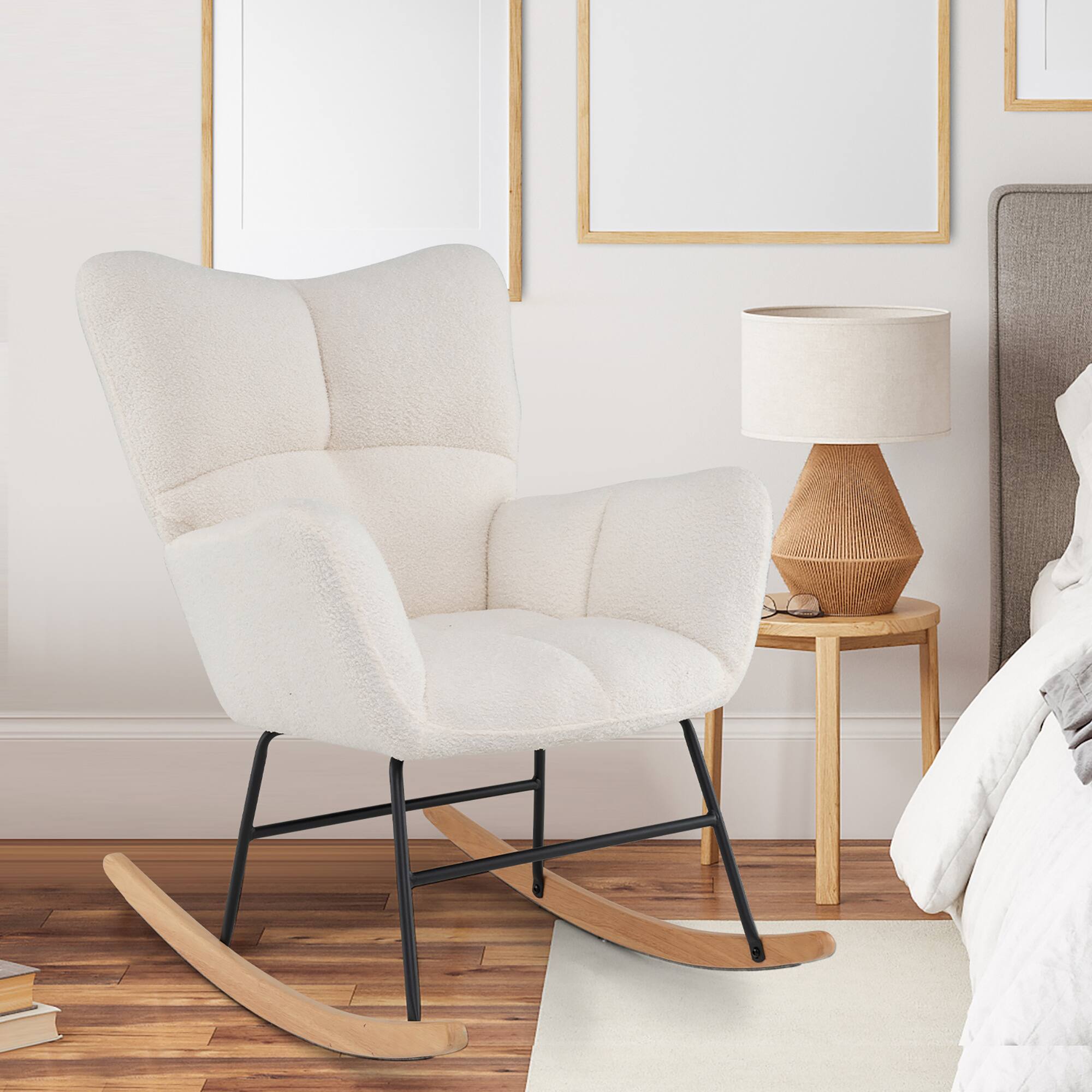 Alt View 5. Gymax - Gymax Nursery Rocking Chair w/Comfy Backrest & Armrest Solid Wood Base for Living Room - Beige.