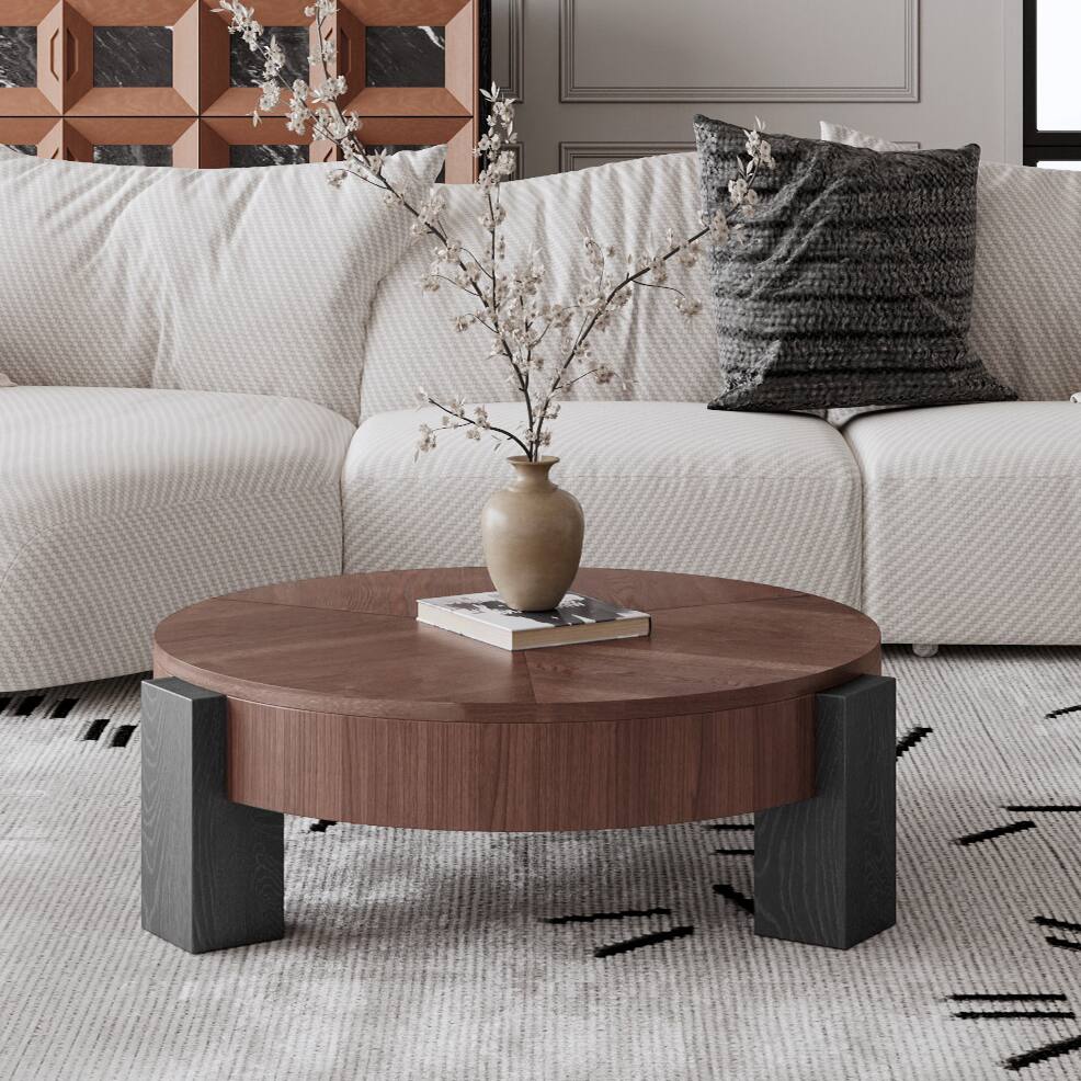 Angle. Loheer - Loheer 33 Inch Round Coffee Table with Hidden Storage Wabi Sabi Wood Parquet Center Accent Table Walnut and Black - Walnut+black.