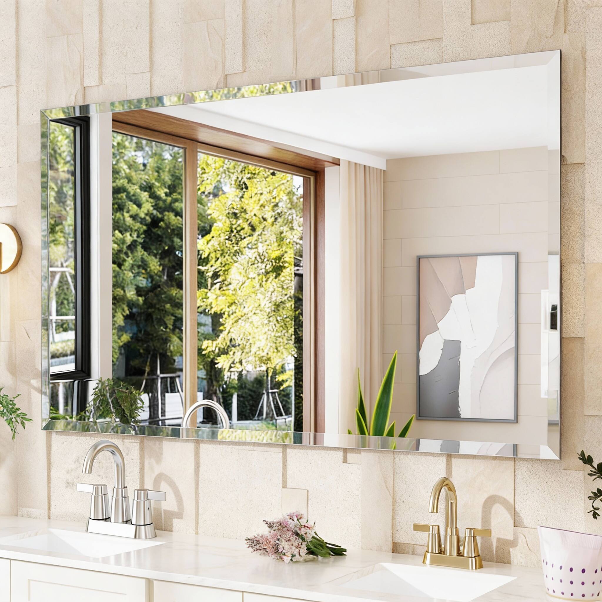Alt View 1. METALTON - Frameless Bathroom Mirror Rectangle Wall With Beveled Edge Modern Decorative Vanity Mirrored For Living Roo - Rectangle 28"L x 40"W.