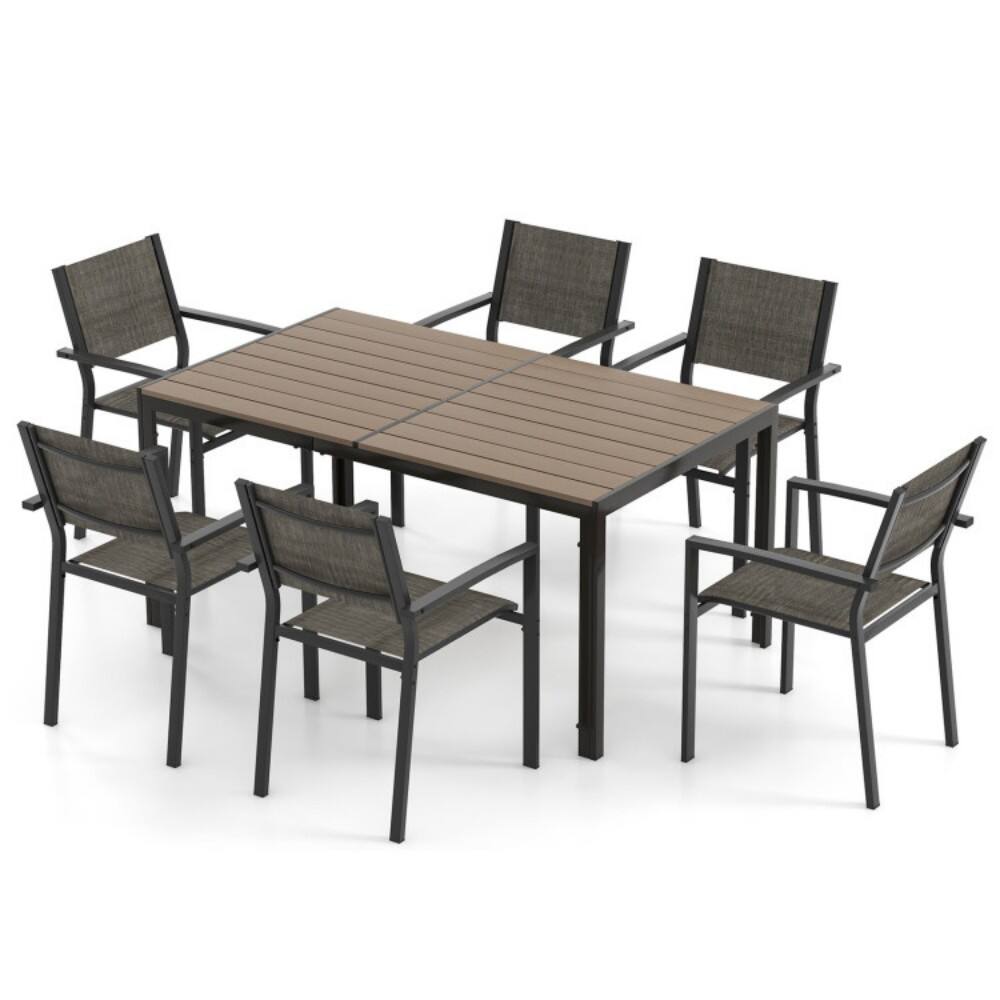 Front. Mondawe - 7 Piece Outdoor Dining Set with 6 Stackable Chairs and Large Rectangle Table - Grey.