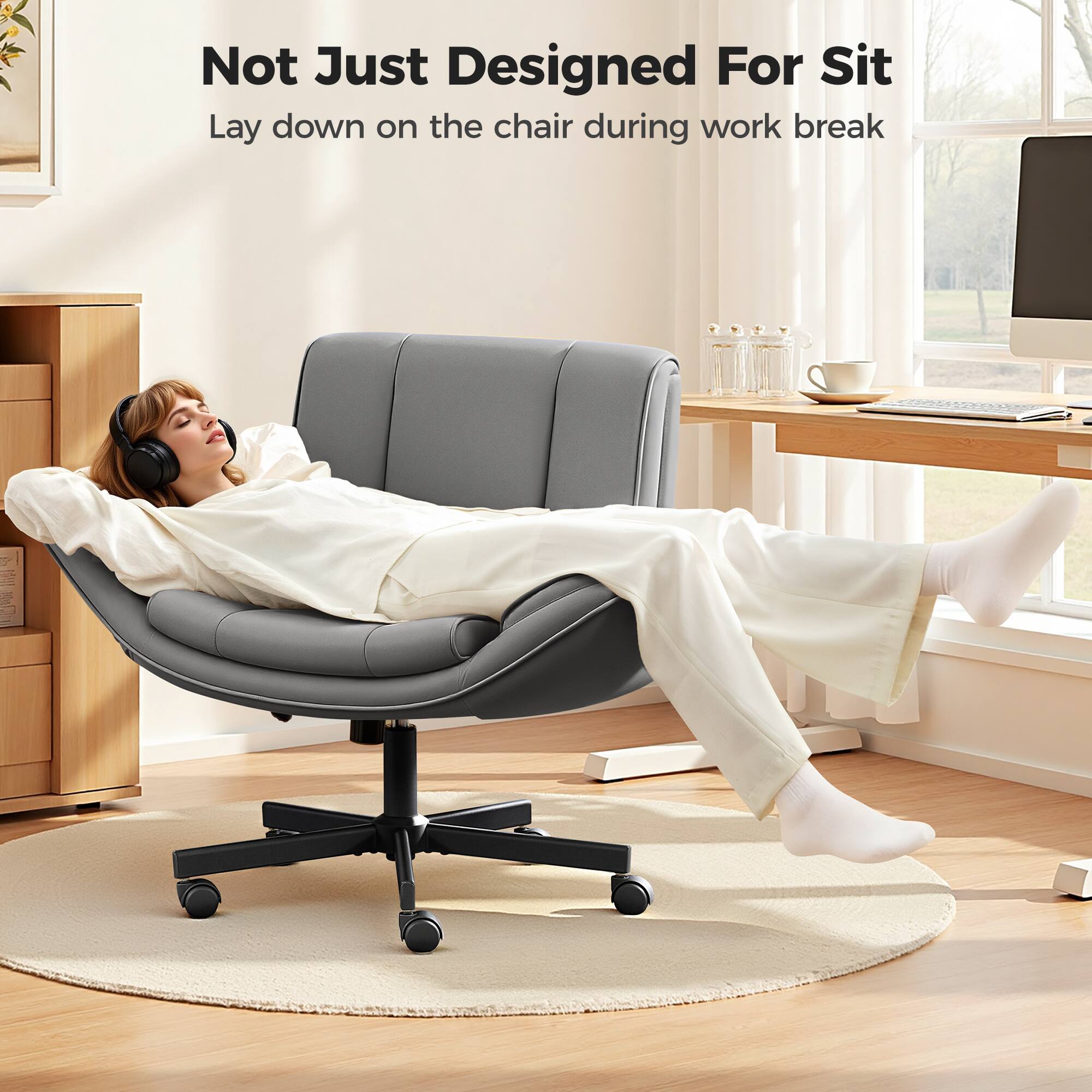 KERDOM - 4 in 1 Cross-Legged Chair with Wheels & Expandable Arms, PU Leather Wide Seat Vanity Chair, Home Office Computer Chair - Dark Gray - Thumbnail 3