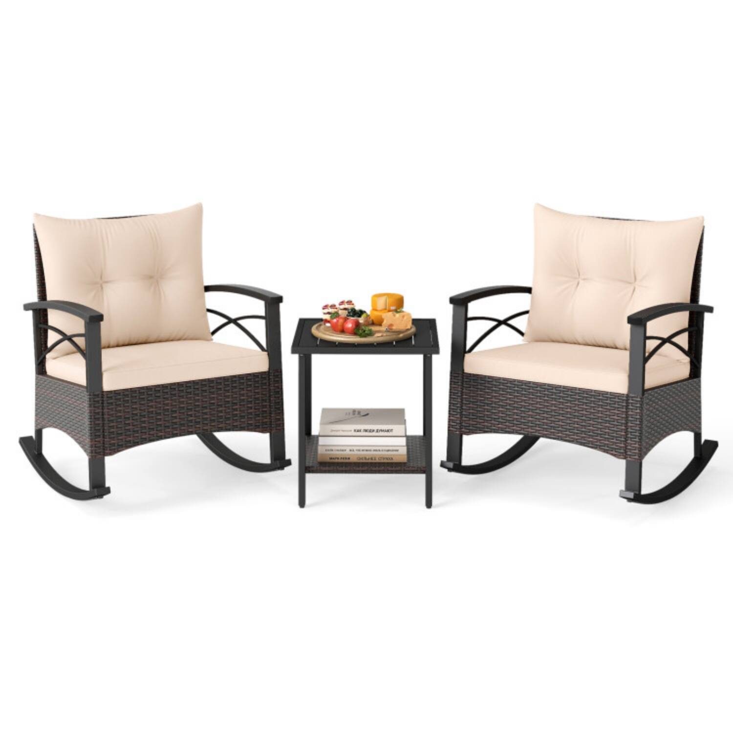 Alt View 4. Mondawe - Freestanding Rocking Bistro Set with 2 Rocker Chairs & 2-Tier Table 3-Piece - Mix Brown+Beige.