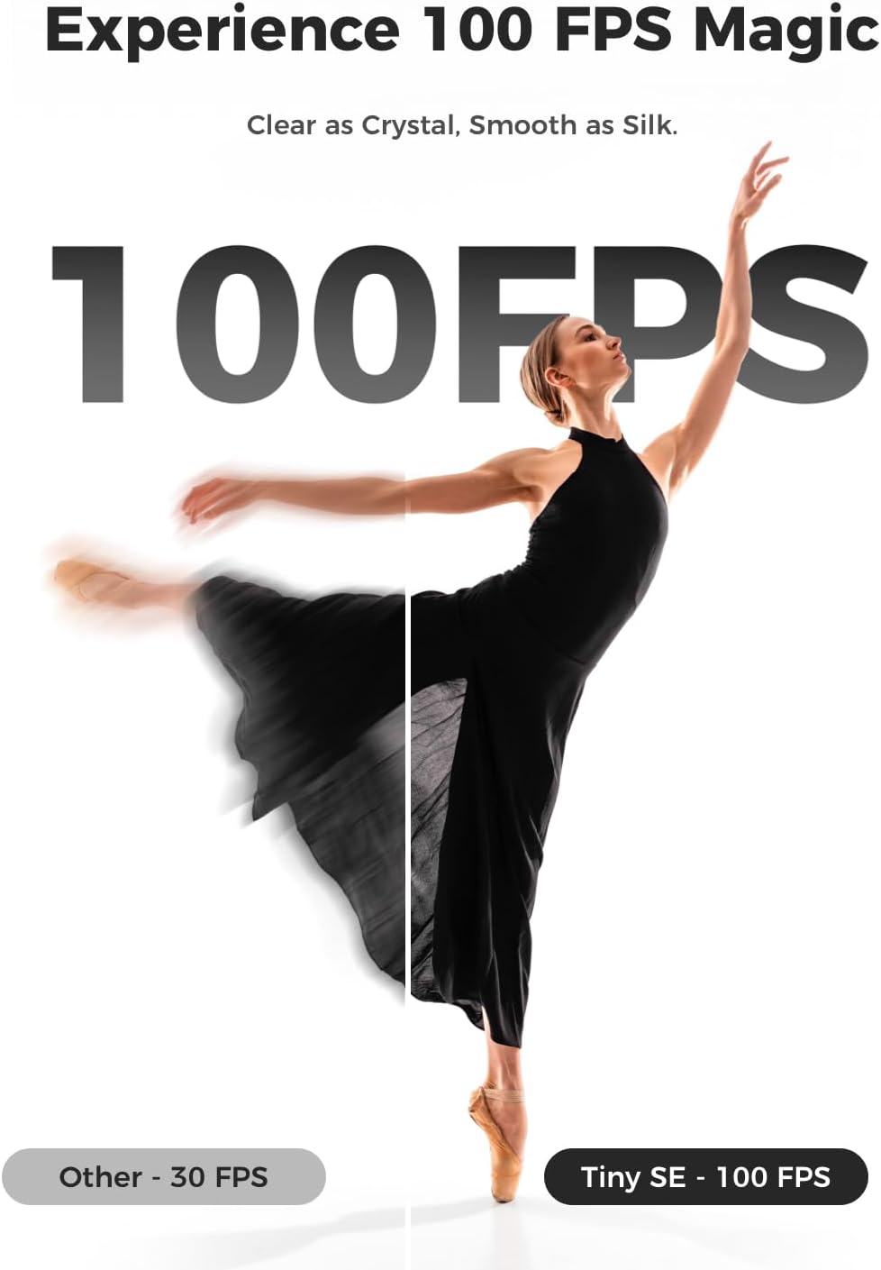 Experience 100 FPS Magic  
Clear as Crystal, Smooth as Silk.  
100FPS  
Other - 30 FPS  
Tiny SE - 100 FPS
