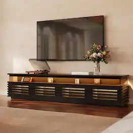 POVISON - 95" Fully Assembled TV Stand with Adjustable LED Lights, Modern Media Console Fits 85 Inch TVs Ventilated Storage - Black