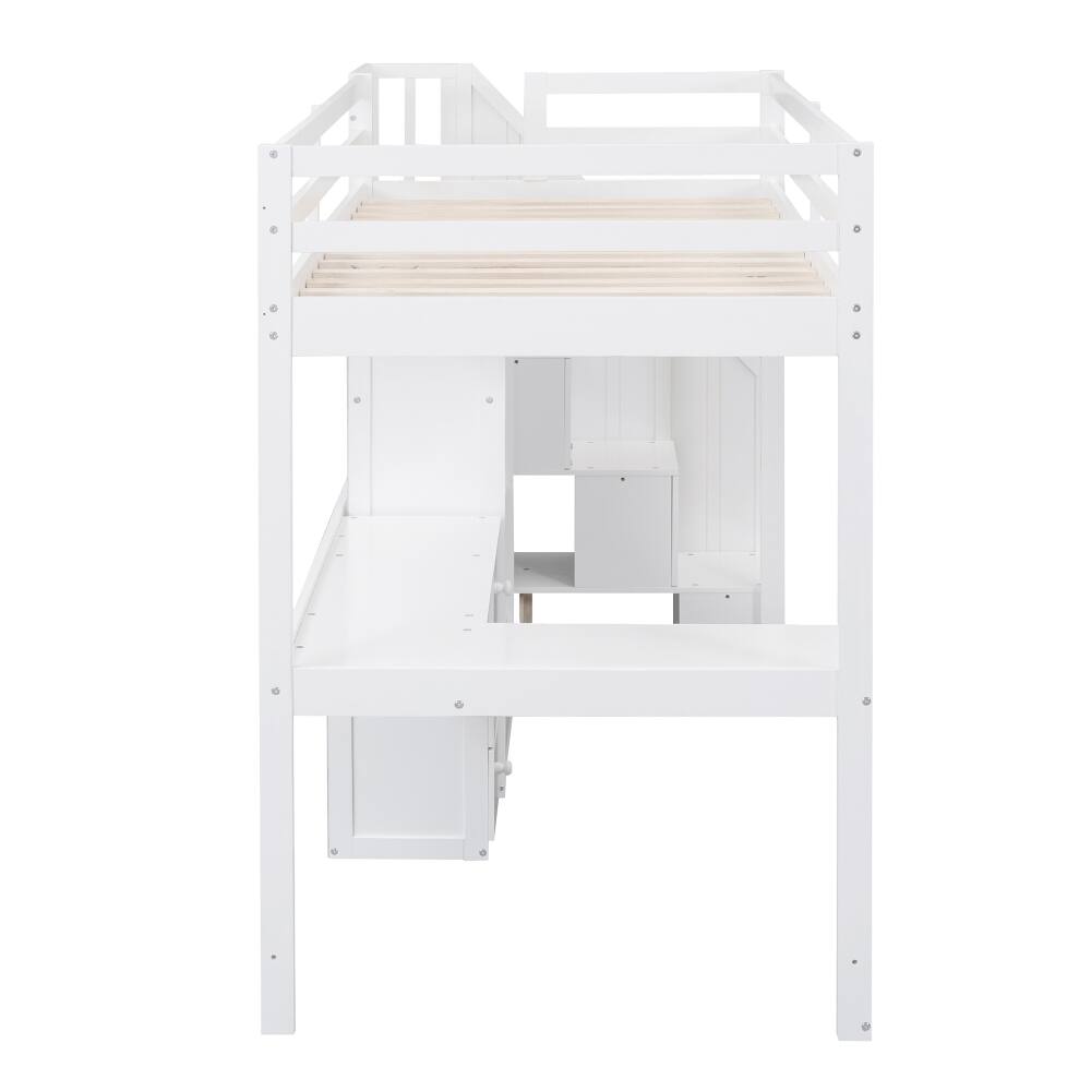 Alt View 10. Loheer - Loheer Twin Loft Bed with Desk, White Loft Bed with Storage Stairs - White.