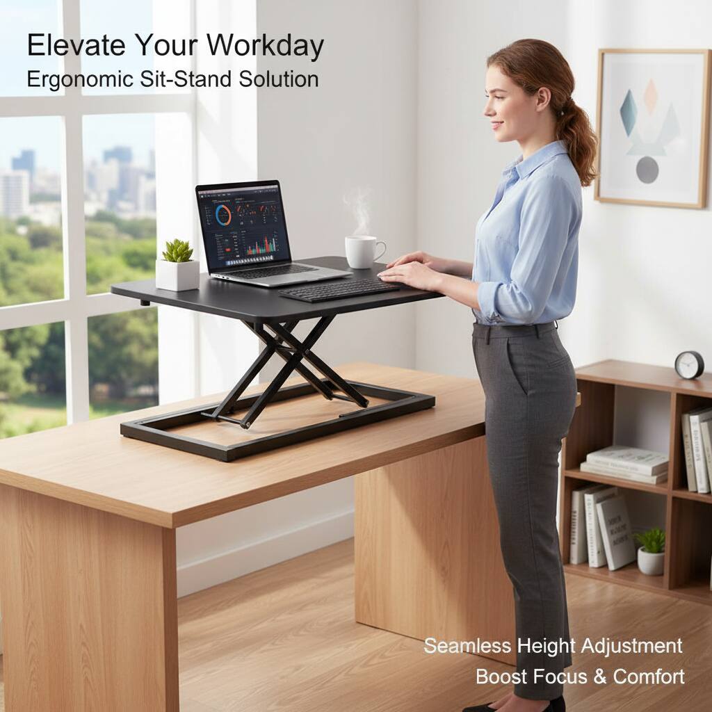 Elevate Your Workday  
Ergonomic Sit-Stand Solution  

Seamless Height Adjustment  
Boost Focus & Comfort