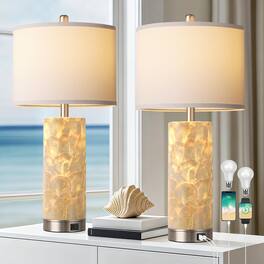 Pawtners - Set of 2 Coastal Table Lamps with Seashell Design, USB A+C Ports & 4-Way Rotary Switch, Night Light