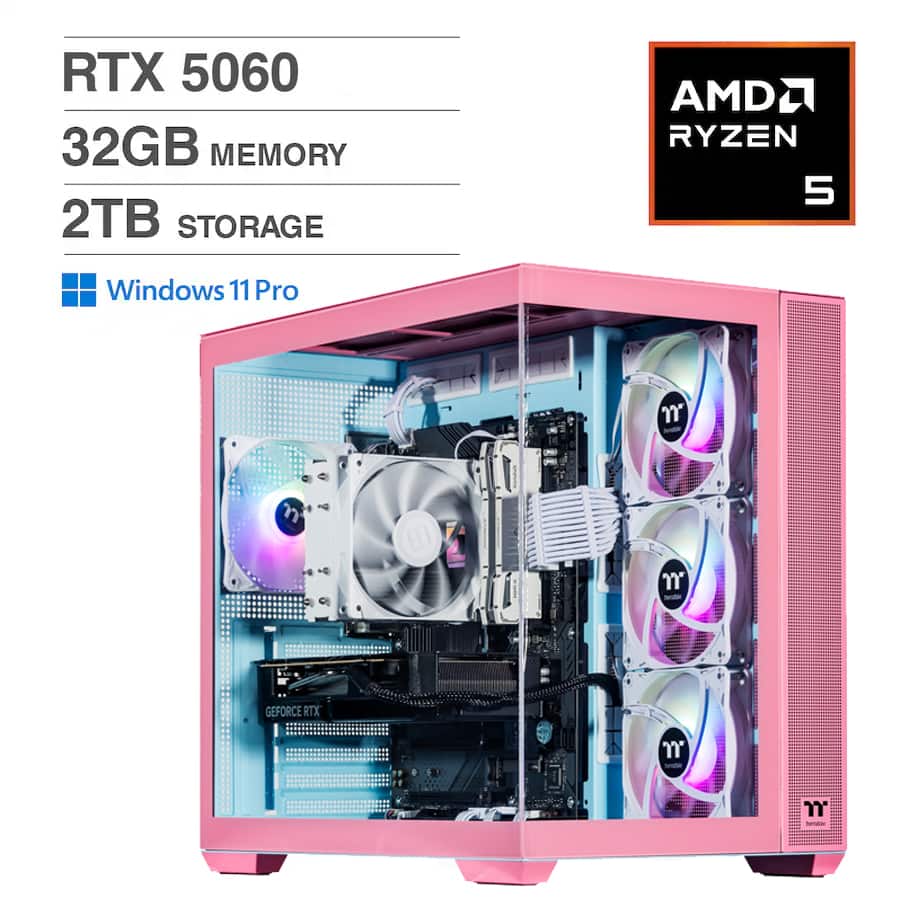 Velztorm - Pink Fultix Custom Gaming Desktop (Ryzen 5 5500, 32GB, 1TB SSD + 1TB HDD, RTX 5060, Win 11 Pro ) - Rose Pink