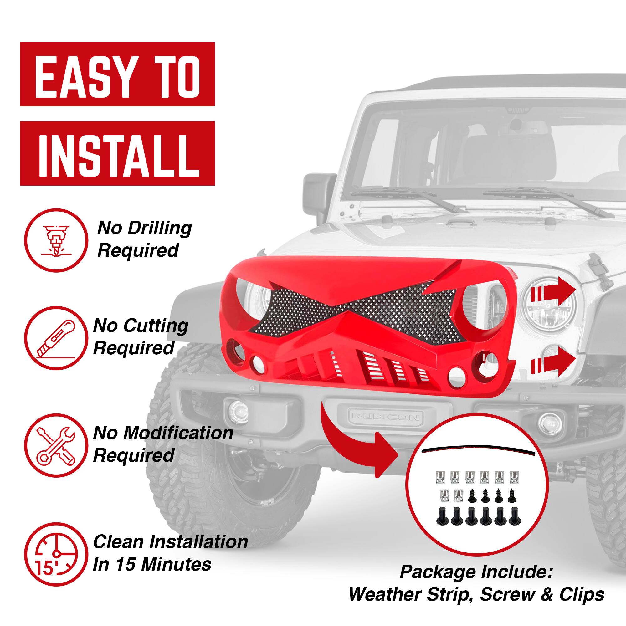 EASY TO INSTALL

- No Drilling Required
- No Cutting Required
- No Modification Required
- Clean Installation In 15 Minutes

Package Include: Weather Strip, Screw & Clips
