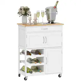Homcom - Bar Cart Rolling Kitchen Island on Wheels with 9-Bottle Wine Rack, Small Kitchen Cart with Wide Drawer, Kitchen Storage - White