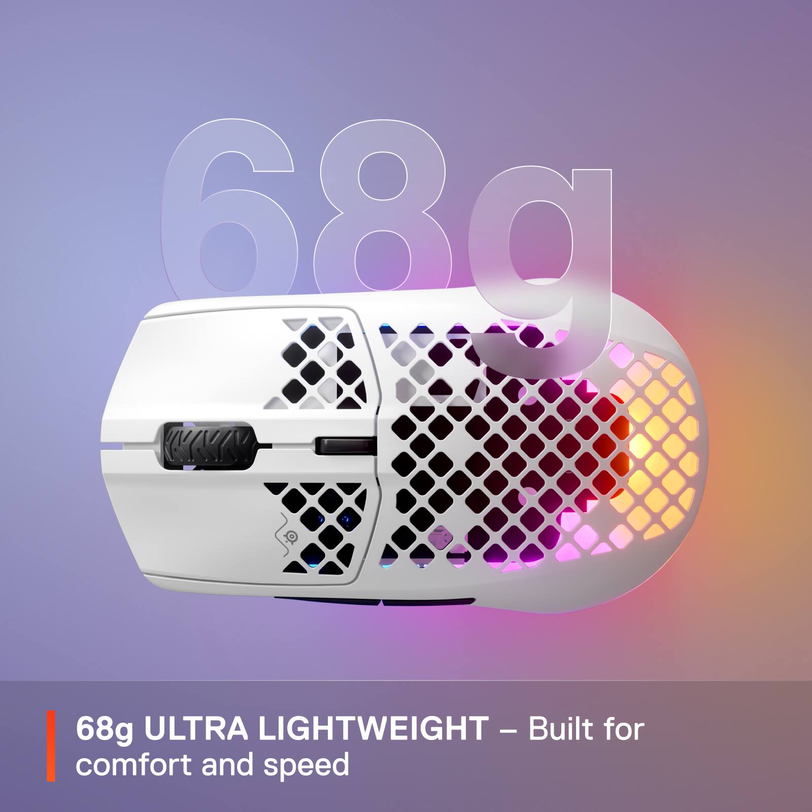 The text on the image reads: "68g ULTRA LIGHTWEIGHT - Built for comfort and speed."