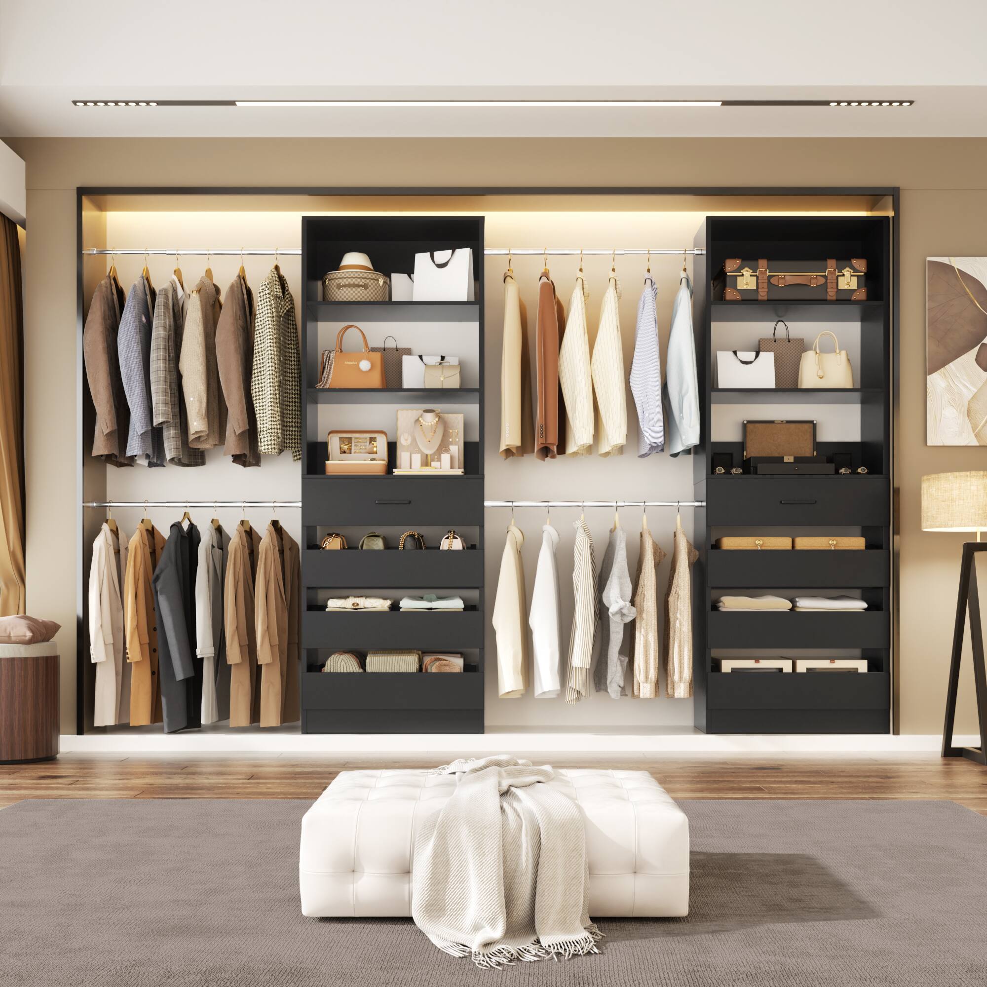 Back. Aheaplus - 6-15Ft Wood Walk-in Closet Organizer: 8 Drawers, 4 Hanging Rods & Tower - Black.