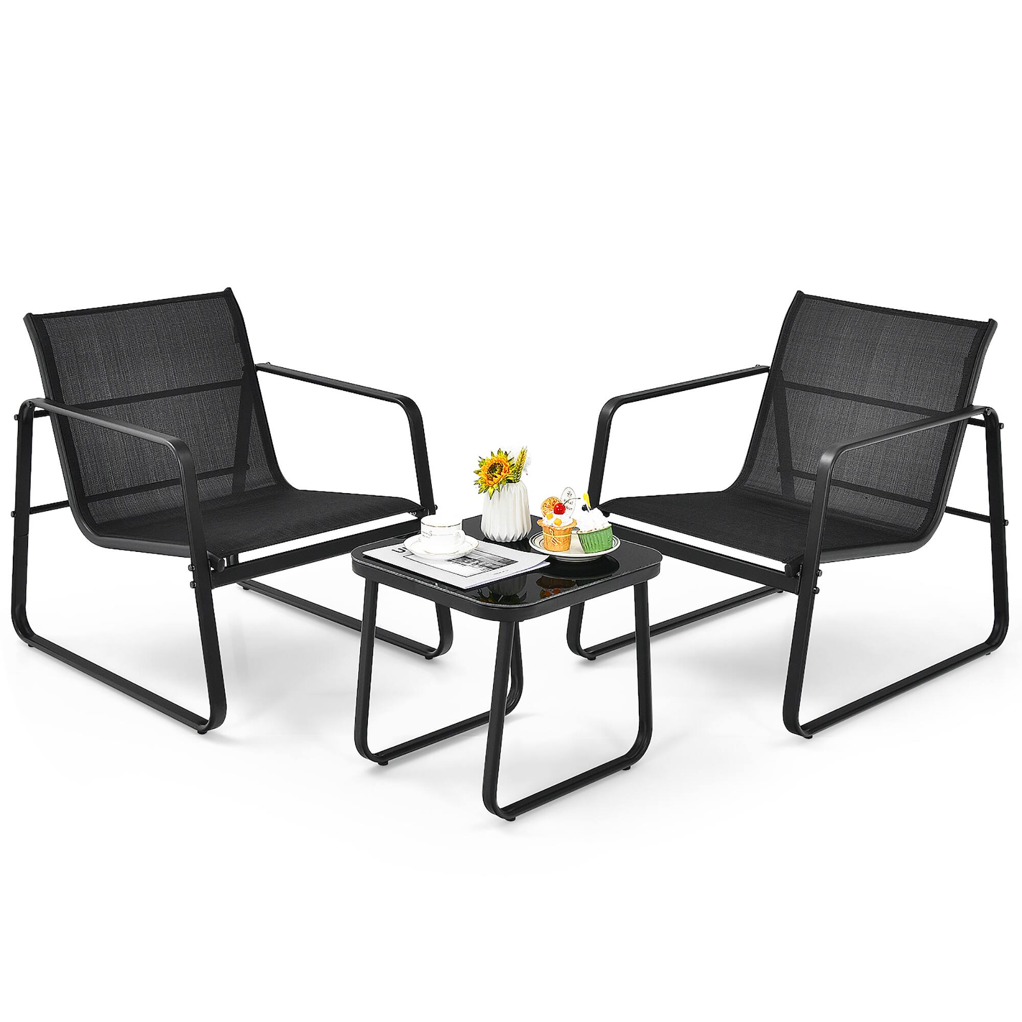 Alt View 4. Costway - Costway 3PCS Patio Bistro Furniture Set Glass Top Table Garden Deck - Black.