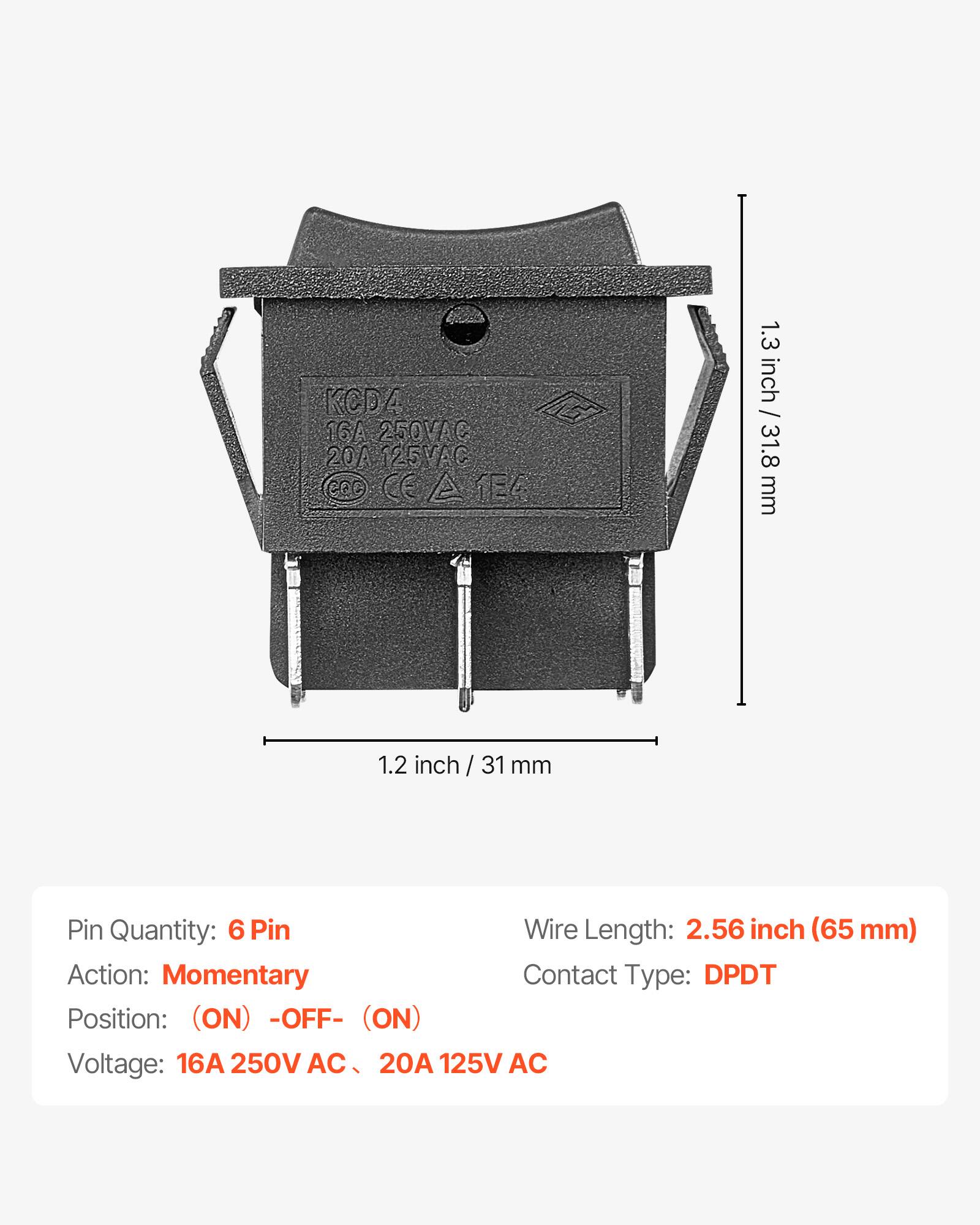 KCDA 16A 250VAC 20A 125VAC  
CeC CAT C 1E4  
1.3 inch / 31.8 mm  
1.2 inch / 31 mm  
Pin Quantity: 6  
Pin Wire Length: 2.56 inch (65 mm)  
Action: Momentary  
Contact Type: DPDT  
Position: (ON) -OFF- (ON)  
Voltage: 16A 250V AC, 20A 125V AC